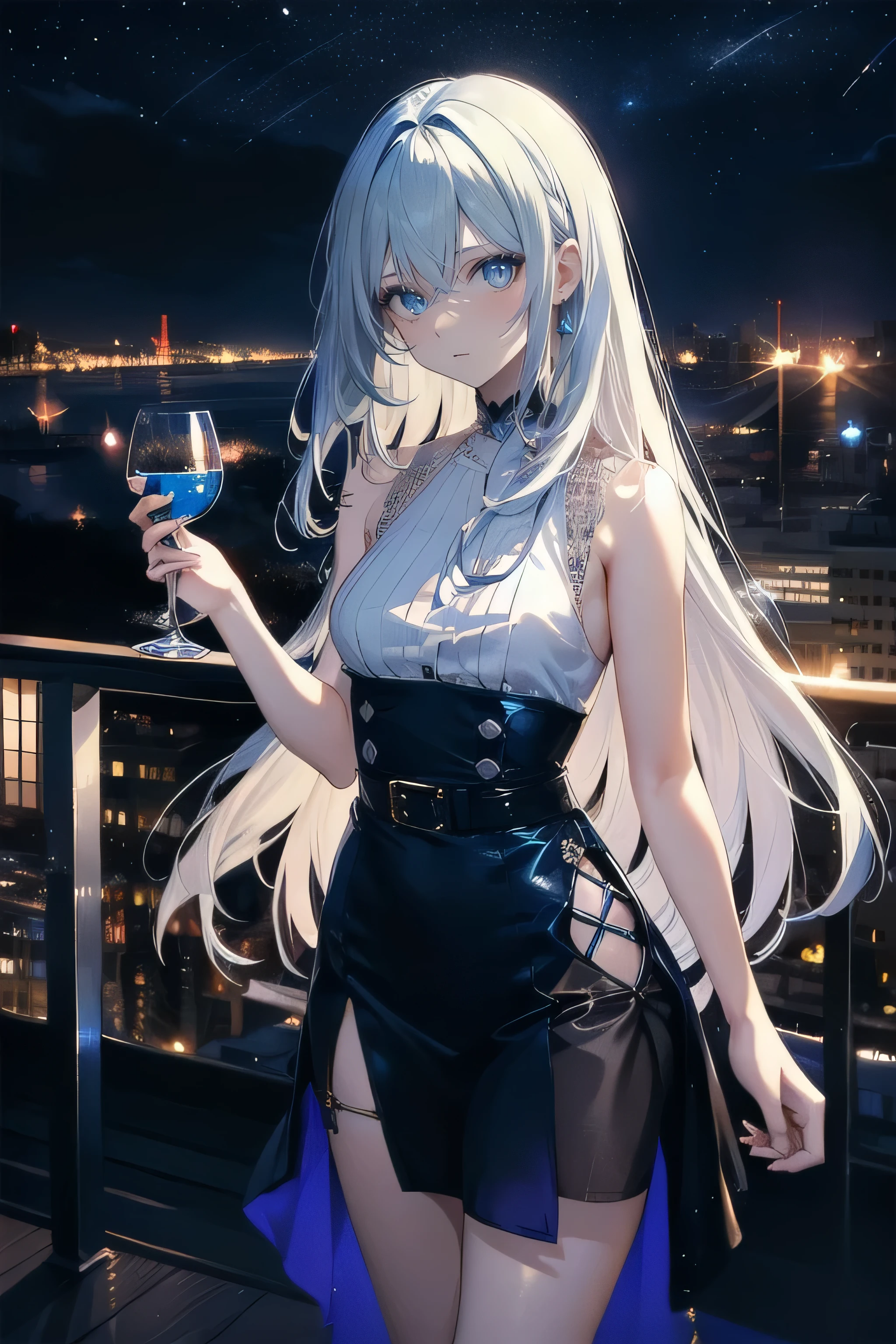 1girl, bangs, bare_shoulders, black_legwear, blue_eyes, blush, breasts, city_lights, cityscape, cleavage, dress, earrings, jewelry, large_breasts, light_particles, long_hair, looking_at_viewer, night, night_sky, closed eyes, shooting_star, sidelocks, silver_hair, sitting, skindentation, sky, smile, solo, star_\(sky\), starry_sky, thigh_strap, thighhighs, thighs, very_long_hair, window