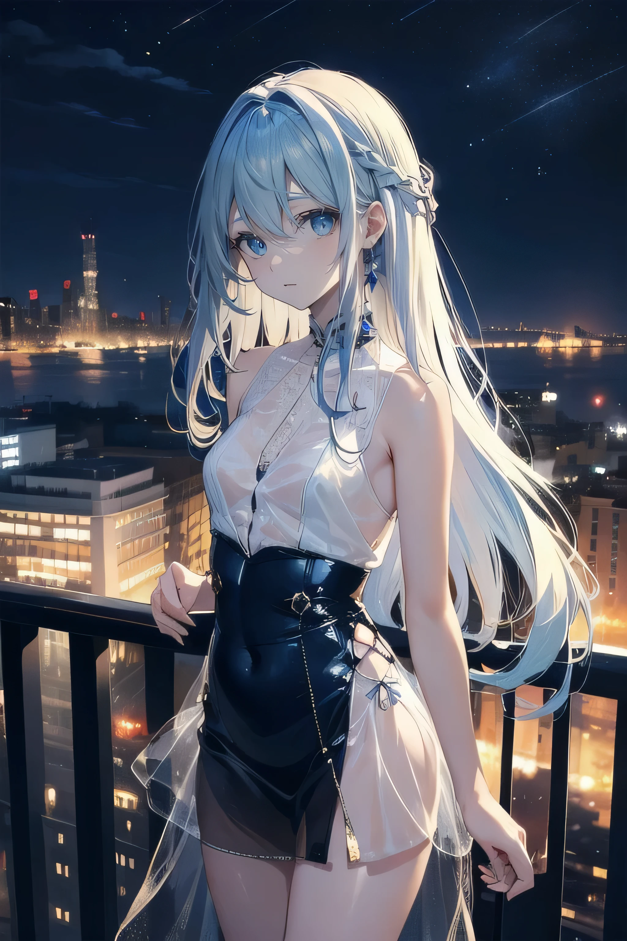 32k, best quality, ultra high res, HDR, UHD, extremely detailed CG, unity 32k wallpaper, from the front side, Beautiful city background, Night, cute , Beautiful blue eyes, Ideal ratio body proportions, Tank top, Jeans shorts, Silver hair, Long hair,Twin-tailed,