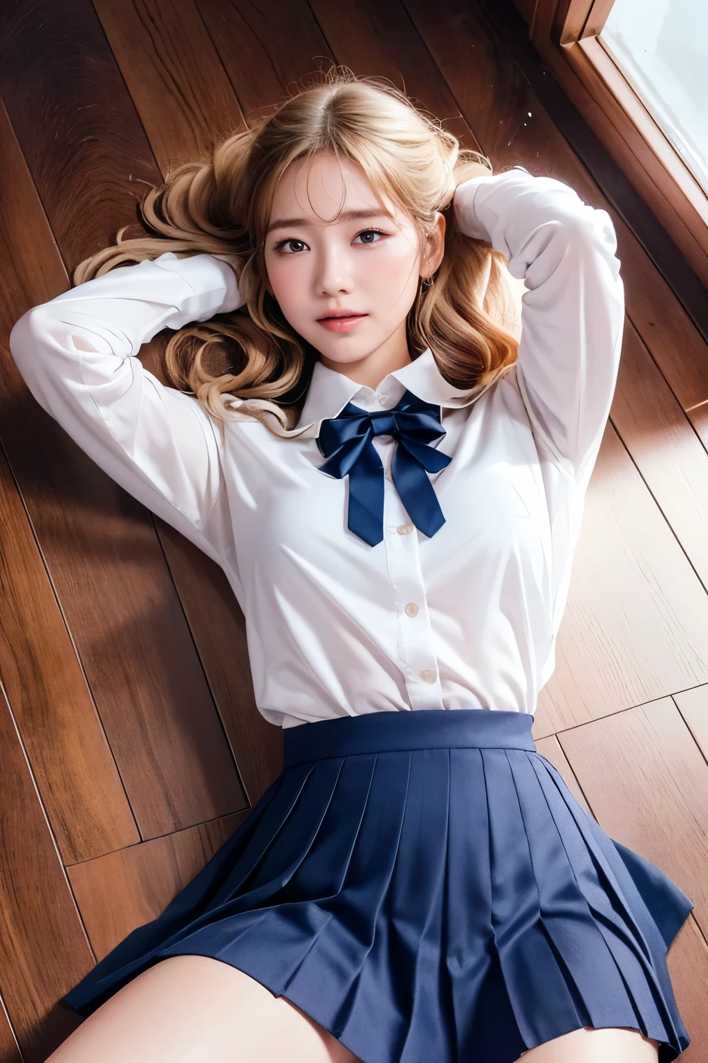 beautiful detailed eyes, beautiful detailed lips, extremely detailed face and hair, High ponytail, long eyelashes, soft light, warm lighting, perfect face, porcelain skin, golden hour lighting, (best quality,4k,8k,highres,masterpiece:1.2),ultra-detailed,(realistic,photorealistic,photo-realistic:1.37),classroom, wooden floor,( lying, on back:1.5),arms up, kneehighs, high school girl, Navy blue Pleated Skirt, White Dress Shirt, Long sleeve, Bow Ribbon, (embarrassed,blush:1.3),cowboy shot,blonde hair