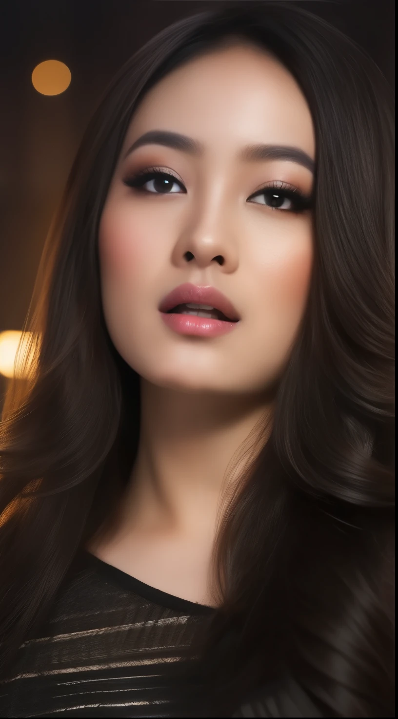 A beautiful young Indonesian actress with long black hair, face beautiful, night supermarkrt background, detailed facial features, elegant expression, photorealistic portrait, cinematic lighting, hyper realistic, digital art, high resolution, masterpiece