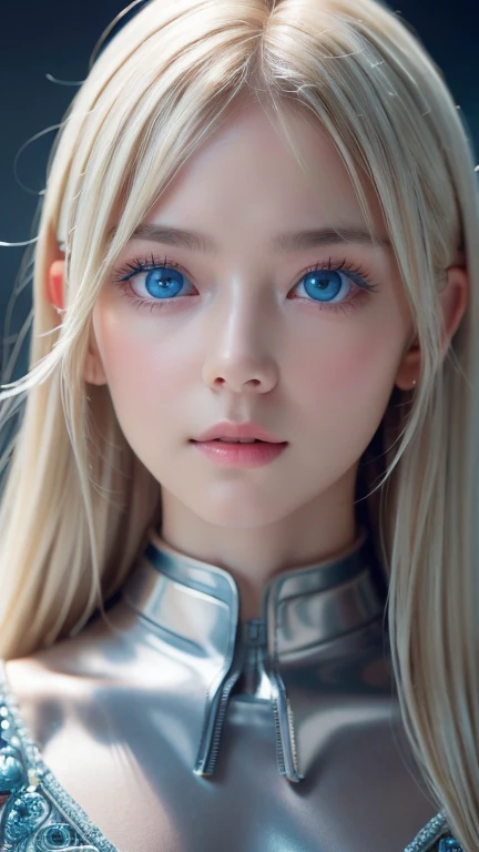 highest quality、8k Masterpiece、Ultra-high resolution、(Realistic:1.3)、RAW Photos、 Scandinavian girl with shiny blonde hair、Silvery blonde hair、Super long straight hair、Bangs between the eyes、Bangs that cover the eyes、片Bangs that cover the eyes、Bangs between the eyes、White and glowing skin、1. Cyberpunk Super Beautiful Soldier、((Ultra-Realistic Details))、Portraiture、Global Illumination、Shadow Realm、Octane Rendering、8k、Ultra Sharp、Metal、Cool colors、、Very intricate detail、Realistic Light、Trends of the CG Association、so beautiful, Big bright blue eyes、Very big eyes、Eyes shining at the camera、Neon Details、Small Face Beauty、Round face、Cheek highlight