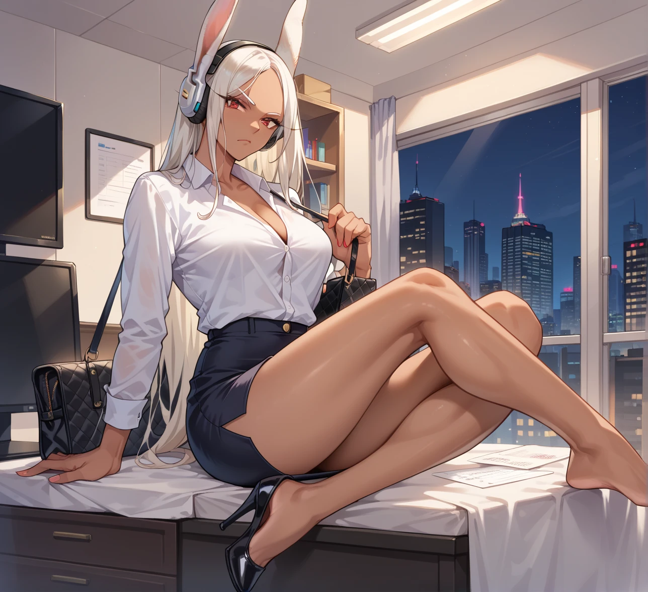 score_9, score_8_up, score_7_up, 1girl, source_anime, (blonde, long flowing hair), (k4yla:1.8), (large breasts:1), (office, night, city, window, dark theme, business office, shelves, desk, lamp, chair:1.1), (pinup girl pose, sexy pose, sitting in chair:1.5), (pink eyeshadow:1.4), skinny, slender body, narrow waist, (white sundress, black platform wedge shoes:1.7), <lora:k4yla:1> dramatic lighting, spotlight, reflection, (looking at viewer, from side, pov:1.7),