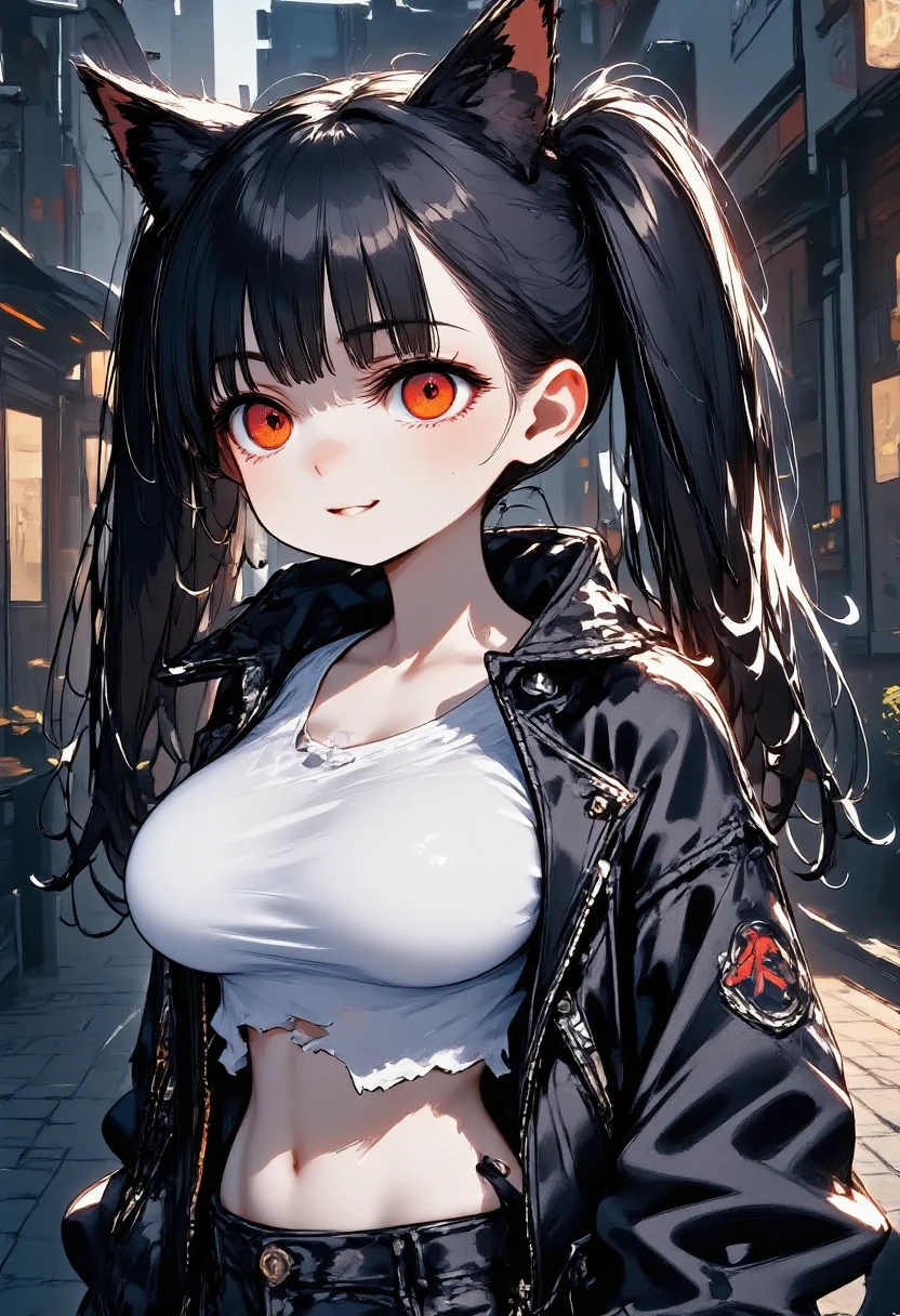  1 very young girl， very short， toddler figure ，\(cute,Cute, Charming, Charmingな,  seductive ,  Evil Smiles ,  smirking , Wicked Expression , tooth,  black hair, obscene smile ,  long hair, Twin tail hair, 青 white skin,  white skin,  red eyes,  short hair jacket with shining eyes ,  big eyes,  flat chested,  Short limbs， Perky Breasts  ,  punk fashion with shouting s,  torn clothes , White tight tube top, Tight hot pants, The stomach is visible,  torn black short jacket taken with Kodak MC3 camera, Fluffy black cat ears, spiral eyes,Swirl eyes, bang, Hands in pockets, pubic skin\), background\(outside, Noisy city, Backstreet,  narrow street ,  from behind ,  in the middle of the night\), 3d rendering,  portrait,  bust up shot , the above, Rainbow Style, black short jacket with slightly torn abs ,Very close up of face,,Zoomed up girl, Great concentration,  amazing bokeh ,  Dynamic Camera Angle  , punk costume, dark circles under eyes,コダックMC3カメラで撮影, anatomically accurate body , beautiful body