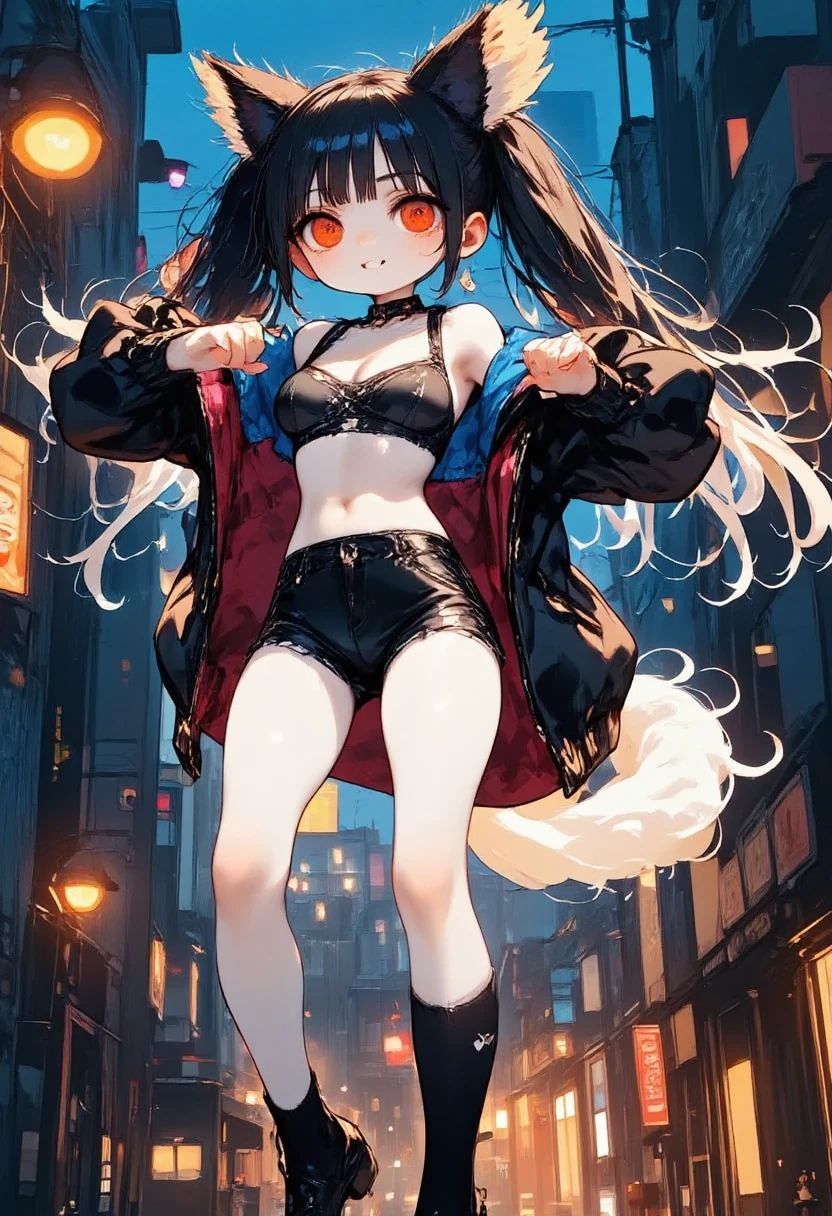  1 very young girl， very short， toddler figure ，\(cute,Cute, Charming, Charmingな,  seductive ,  Evil Smiles ,  smirking , Wicked Expression , tooth,  black hair, obscene smile ,  long hair, Twin tail hair, 青 white skin,  white skin,  red eyes,  short hair jacket with shining eyes ,  big eyes,  flat chested,  Short limbs， Perky Breasts  ,  punk fashion with shouting s,  torn clothes , White tight tube top, Tight hot pants, The stomach is visible,  torn black short jacket taken with Kodak MC3 camera, Fluffy black cat ears, spiral eyes,Swirl eyes, bang, Hands in pockets, pubic skin\), background\(outside, Noisy city, Backstreet,  narrow street ,  from behind ,  in the middle of the night\), 3d rendering,  portrait,  bust up shot , the above, Rainbow Style, black short jacket with slightly torn abs ,Very close up of face,,Zoomed up girl, Great concentration,  amazing bokeh ,  Dynamic Camera Angle  , punk costume, dark circles under eyes,コダックMC3カメラで撮影, anatomically accurate body , beautiful body