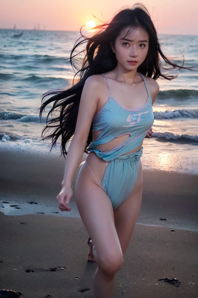 low light dark pastel tones, The is very detailed,(Clear face)，(Beautiful eyes)，Look at the audience，great quality, reflecting,(Girl running on the beach, Long black hair flying, gauze pajamaeautiful sunset on the beach, Dark 80s dystopia《bladerunner》styled, dynamic scene, hyper HD, tmasterpiece,