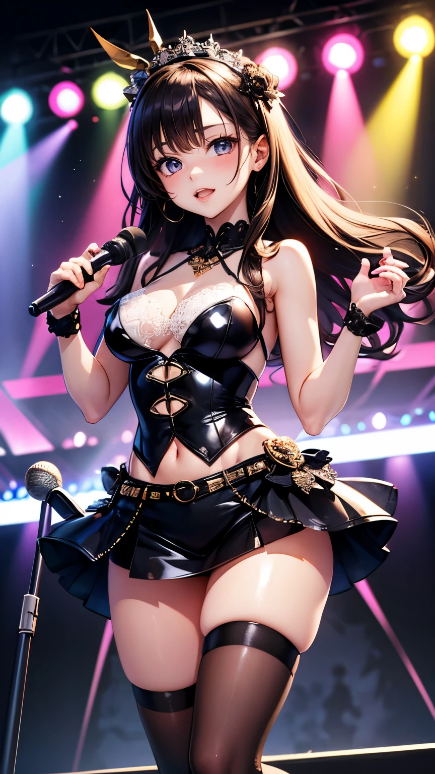 Illustration, cinematic light, high resolution, best quality, ultra detailed, detailed face, (detailed eyes), top quality, super detail, masterpiece, (detailed face), pretty face, best smile, sexy mature woman, (crop top, mini underboob tea, slim waist with navel open, denim skirt with buckle belt: 15) cloth, D cup, cleavage: 2, floating cloth, See-through, choker, open cross, NSFW, high heels, red eyes, neon small glowing hair ends, netted hair, AI fantasy concert, idol, glowing lighting with neon details, dark magic 💕, (Live stage: 1.15) To the audience in the background, stick out the butt and sing: 5, light reflection, heart-shaped iris, playful eyes, open shoulders, rain, ( wet body), small shiny butterflies, hair jewelry, panties, (cute embroidered white string panties)
