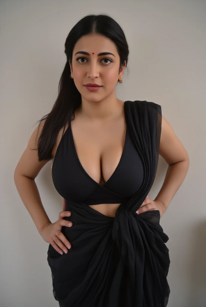 Full body,front view, indian,big boobs,curvy body,saree black,v-shaped black bra,deep cleavage,ponytail,standing position,realistic