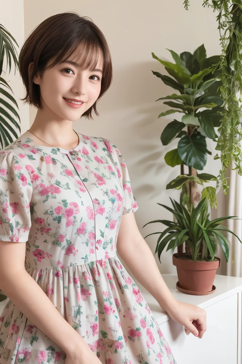 339 (20-year-old female, short hair), ( high image quality), (smile), ( Colorful Dress), ((Arietti's View of the World )), (BIG PLANTS ), (Dollhouse)
