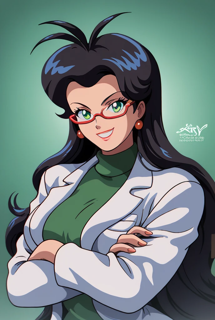 PonyXLV6_Scores BREAK (1980s (style), retro artstyle, perfect anatomy, perfect eyes, cowboy shot), BREAK chisato hasegawa, 1girl, green eyes, black hair, very long hair, glasses, smile, solo, earrings, antenna hair, red-framed eyewear, sweater, breasts, labcoat, Big large breasts, curvy, green urtleneck, ((looking at viewer)), BREAK High School nurses office, flirting with crossed arms, mature female