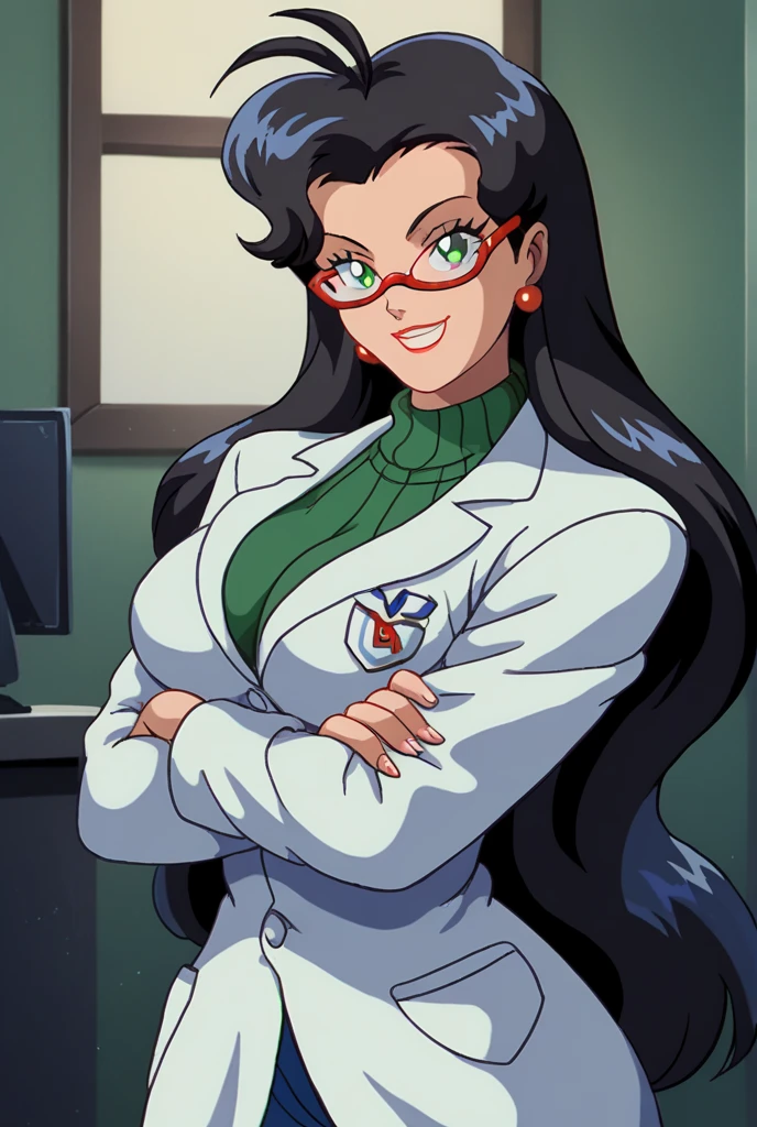 PonyXLV6_Scores BREAK (1980s (style), retro artstyle, perfect anatomy, perfect eyes, cowboy shot), BREAK chisato hasegawa, 1girl, green eyes, black hair, very long hair, glasses, smile, solo, earrings, antenna hair, red-framed eyewear, sweater, breasts, labcoat, Big large breasts, curvy, green urtleneck, ((looking at viewer)), BREAK High School nurses office, flirting with crossed arms, mature female