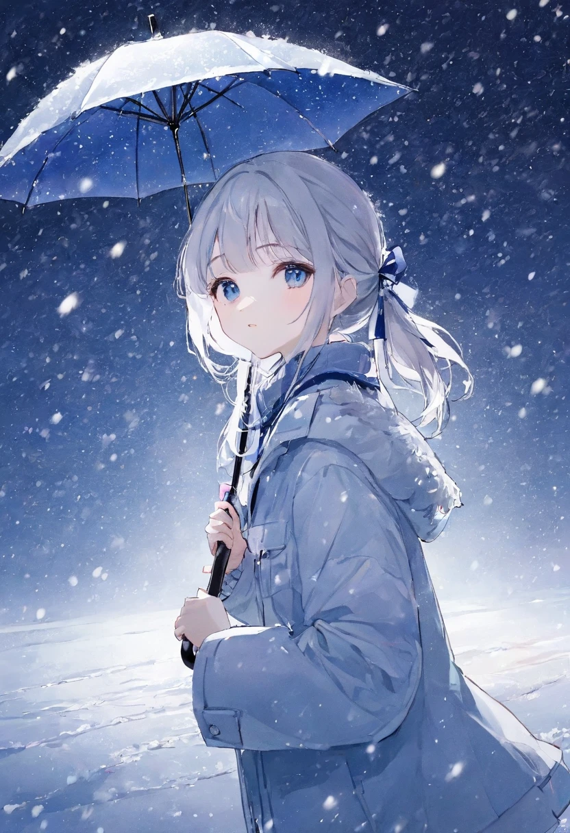 1 girl、Hold an umbrella、 snows、❄️、Night Sky