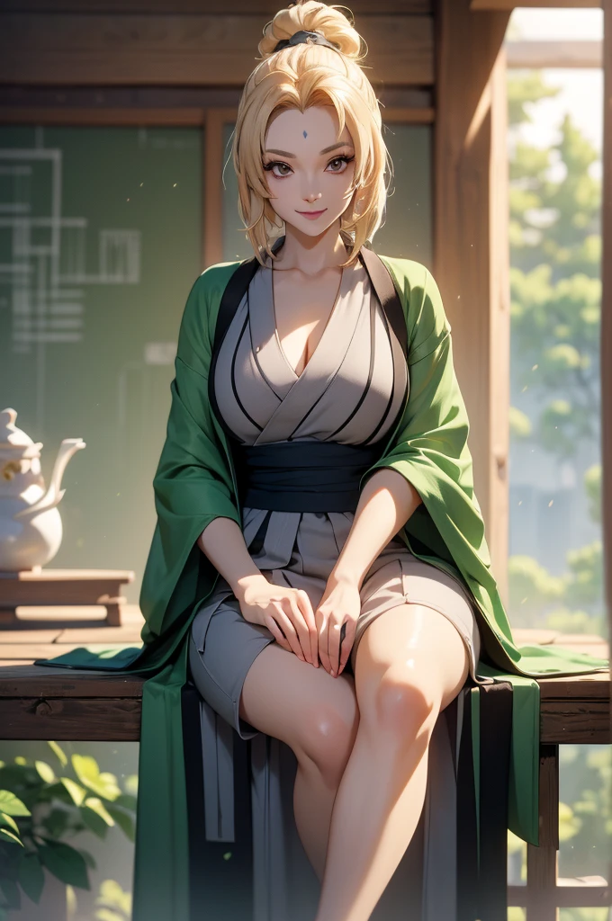 ((best quality)), (( Masterpiece)), (detailed), (4k), (8K), 1girl, (Tsunade), beautiful anime woman,  beautiful face ,  shiny skin and face , make-up,  smiling,  big, aesthetic eyes , ( bright eyes ),  intimidating look,  smiling, aesthetic hands,  detailed hair ,  sitting in a Japanese garden, Matcha tea in hands , (View from below). (highly detailed textures), (highly detailed clothes), ( highly detailed cute face ). (Fantasy anime style ).