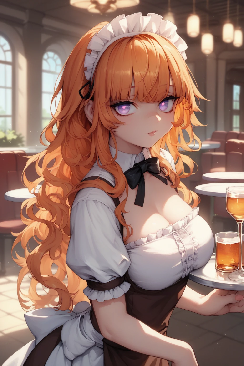 score_9, score_8_up, score_7_up, high resolution, 1girl, looking at viewer, beautiful face, detailed pupils, orange hair, long hair, fringed bangs, light purple eyes, breasts, waitress, restaurant 