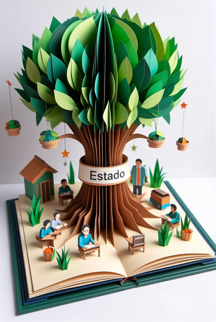 "An origami-style image of a giant tree labeled 'Estado' growing roots into classrooms and homes, symbolizing the state’s control over education."


