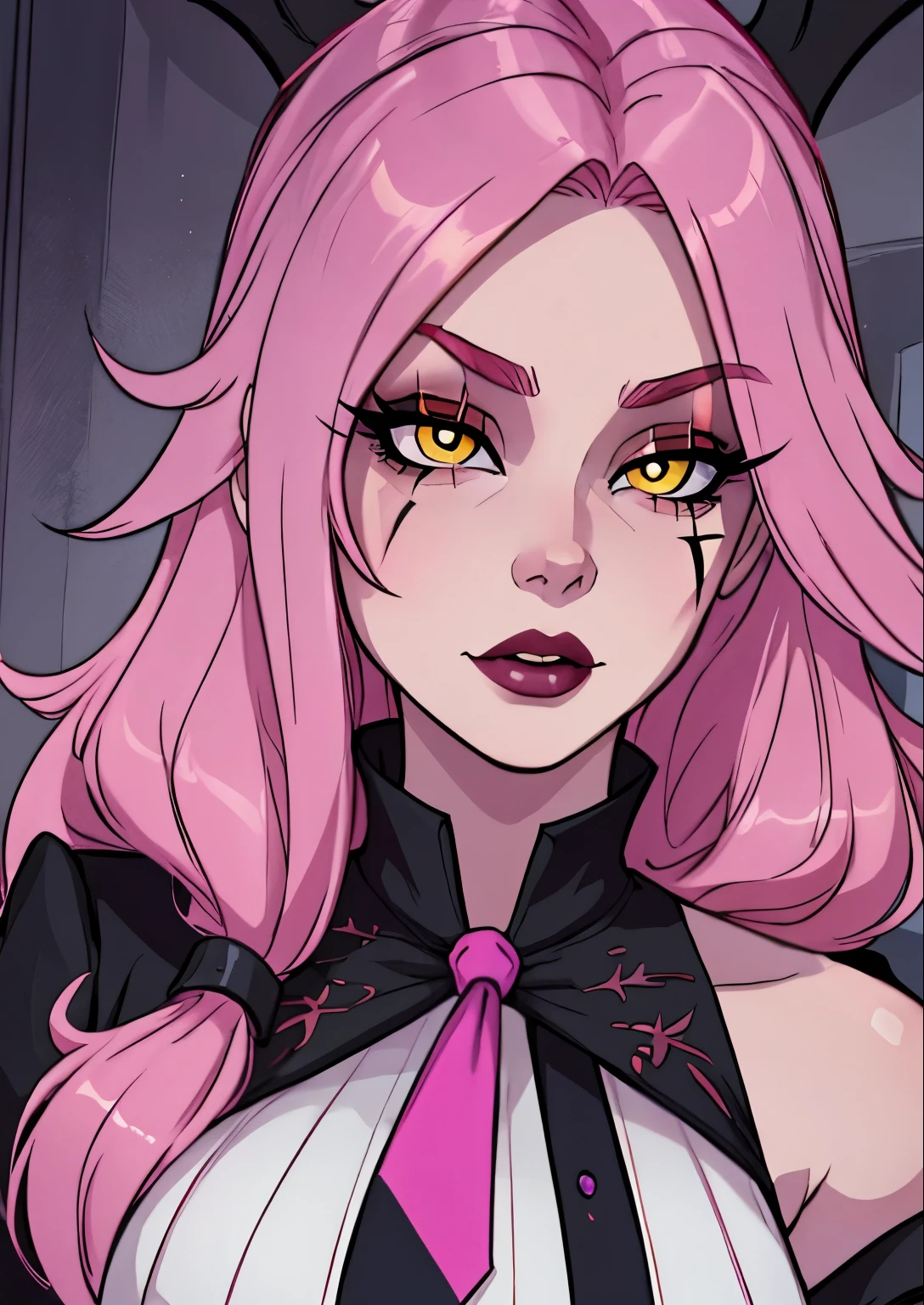 masterpiece, best quality, 1female, beautiful, face portrait, deep makeup, 1girl, face focus, long hair, pink hair, messy hair, goth, scar over eye, makeup, pale skin, academiaKat, yellow eyes, detailed, necktie