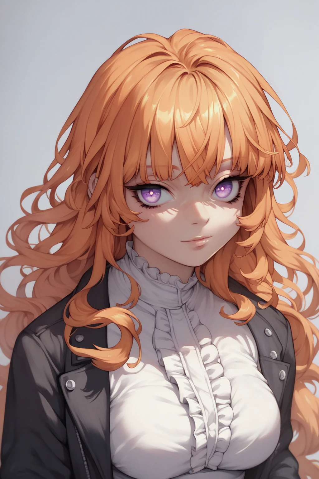 score_9, score_8_up, score_7_up, high resolution, 1girl, looking at viewer, beautiful face, detailed pupils, orange hair, long hair, fringed bangs, light purple eyes, breasts, black jacket, white shirt, black pants 