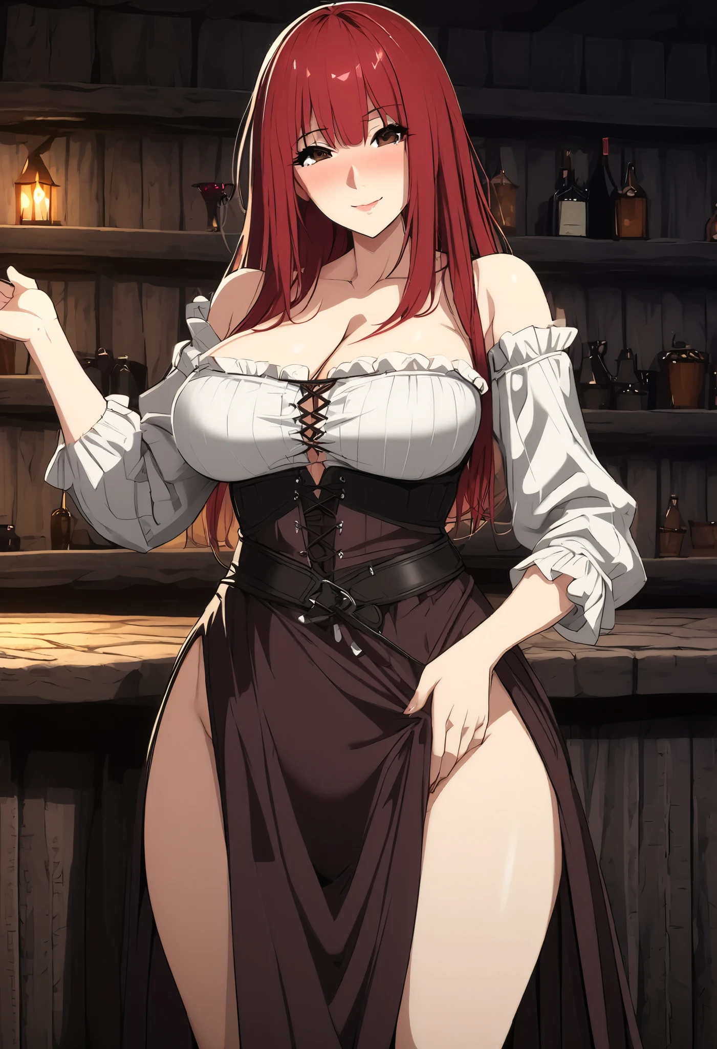 attractive mature woman in very tight medieval peasant dress with neckline, straight red hair,  sensual look, brown eyes, in a tavern, erotic, sensual, Milf, ecchi, Expression mischievous, sexy pose, medieval tavern, sensual smile,  perfect body ,  tight dress ,  full body,