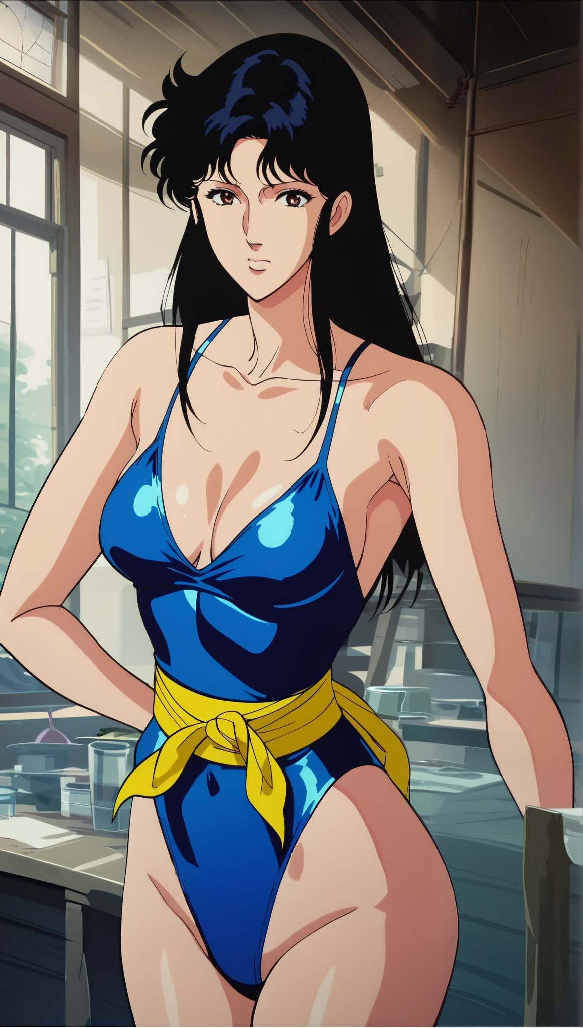 One girl, fh1to, Bare chest,Shiny blue high leg swimsuit with amazing angles, Put out the nipple, Shy face, round face,Facing forward, BREAK score_9, score_8_superior, score_7_superior, score_6_superior, score_5_superior, score_4_superior, sauce_anime, Movie angle,official anime screencap, add yellow sash on hips, add the costume covering all legs