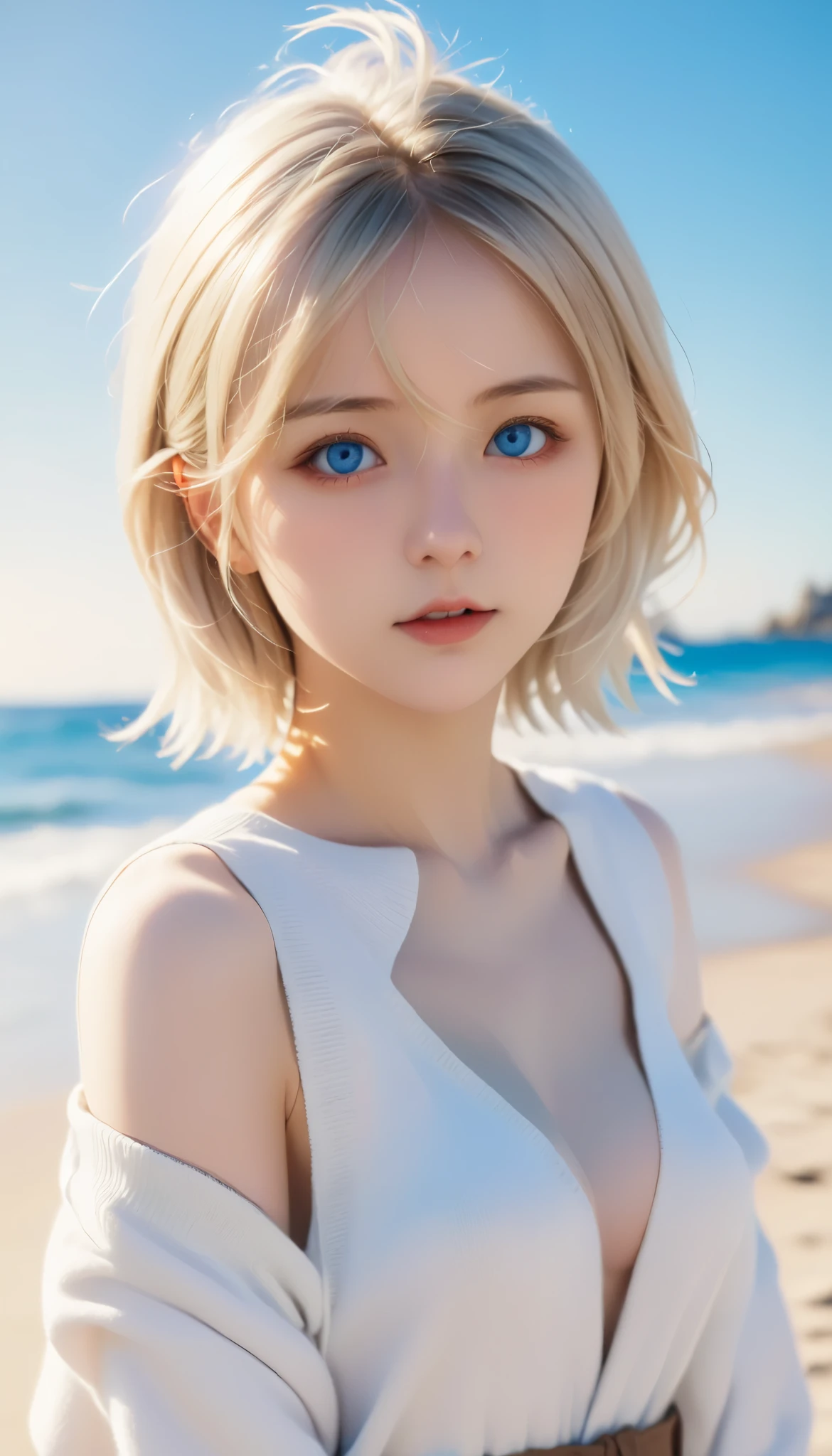 Blue-eyed blond girl standing on the beach in winter, Anime.  soft lighting , Anime girl in real life,  guweiz style artwork, photorealistic Anime girl render, beautiful Anime portrait,  soft portrait shot 8k , hyper realistic Anime, stunning Anime face portrait, White Hair Girl, realistic Anime 3 d style, Girl with short white hair