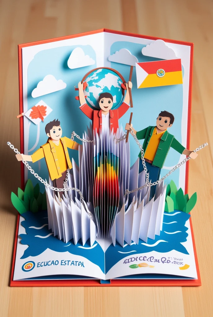 "Create an origami-style illustration of individuals breaking chains labeled 'Educacao Estatal,' holding symbols like books, a globe, and a flag of freedom."

