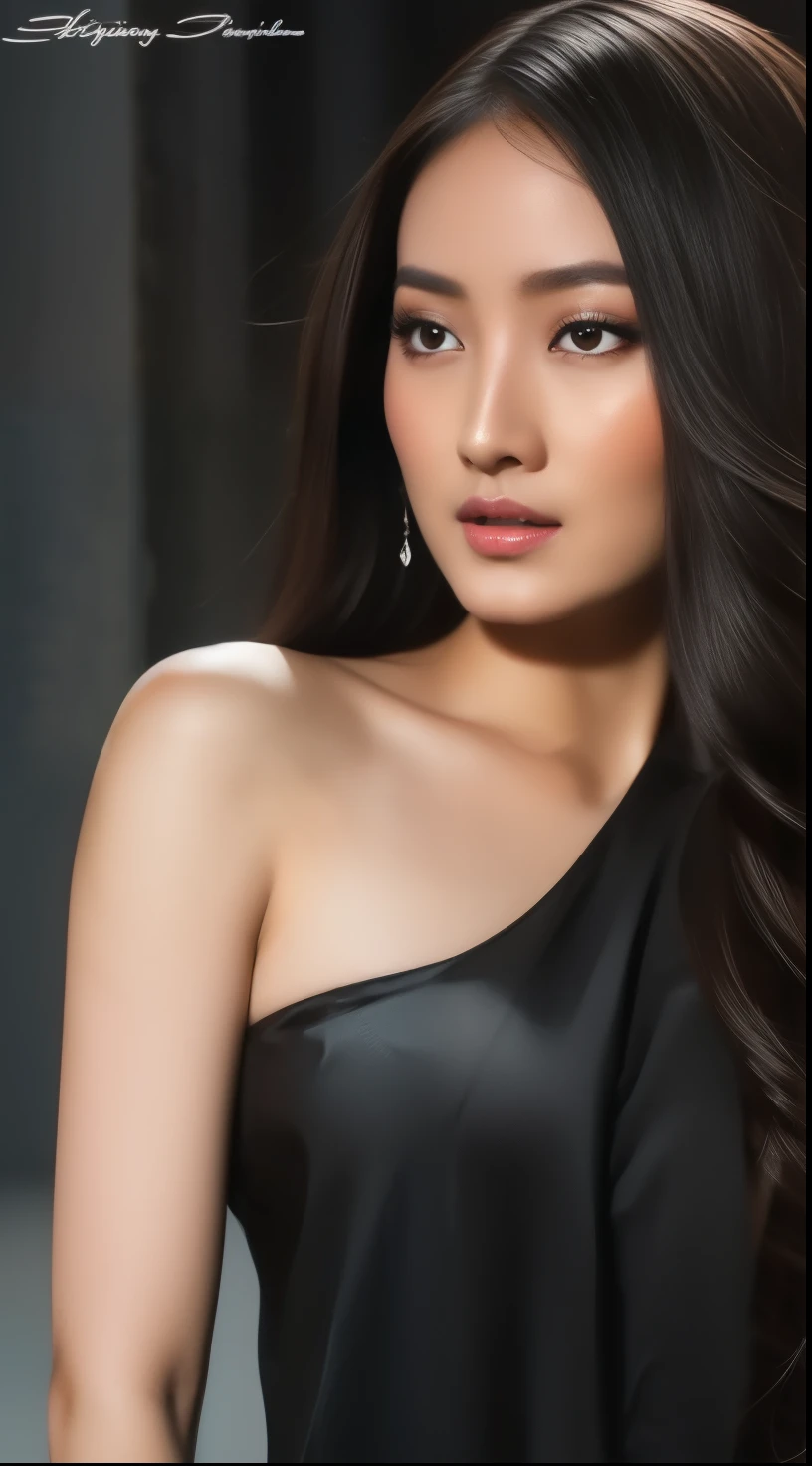 A beautiful young Indonesian actress with long black hair, face beautiful, big breasts, black dress, sexy body, night supermarkrt background, detailed facial features, elegant expression, photorealistic portrait, cinematic lighting, hyper realistic, digital art, high resolution, masterpiece