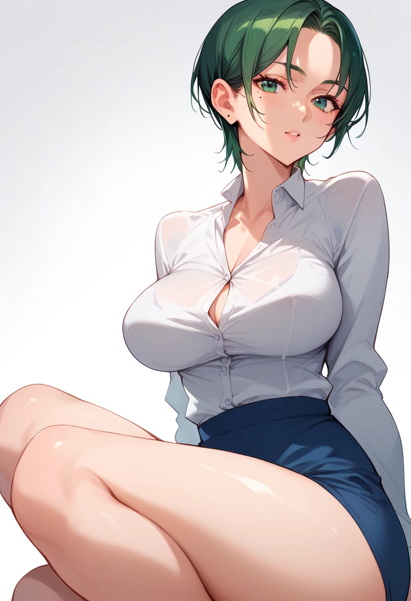 momokino, large breasts, short hair, green hair, mole, buruma, dress shirt,