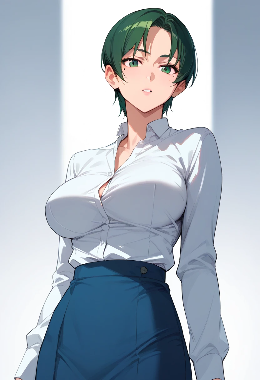 momokino, large breasts, short hair, green hair, mole, buruma, dress shirt,