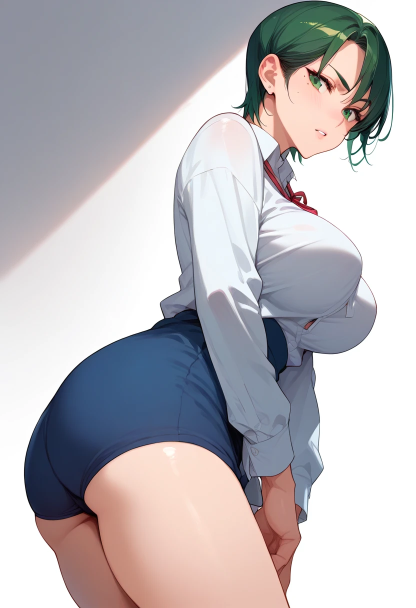 momokino, large breasts, short hair, green hair, mole, buruma, dress shirt,