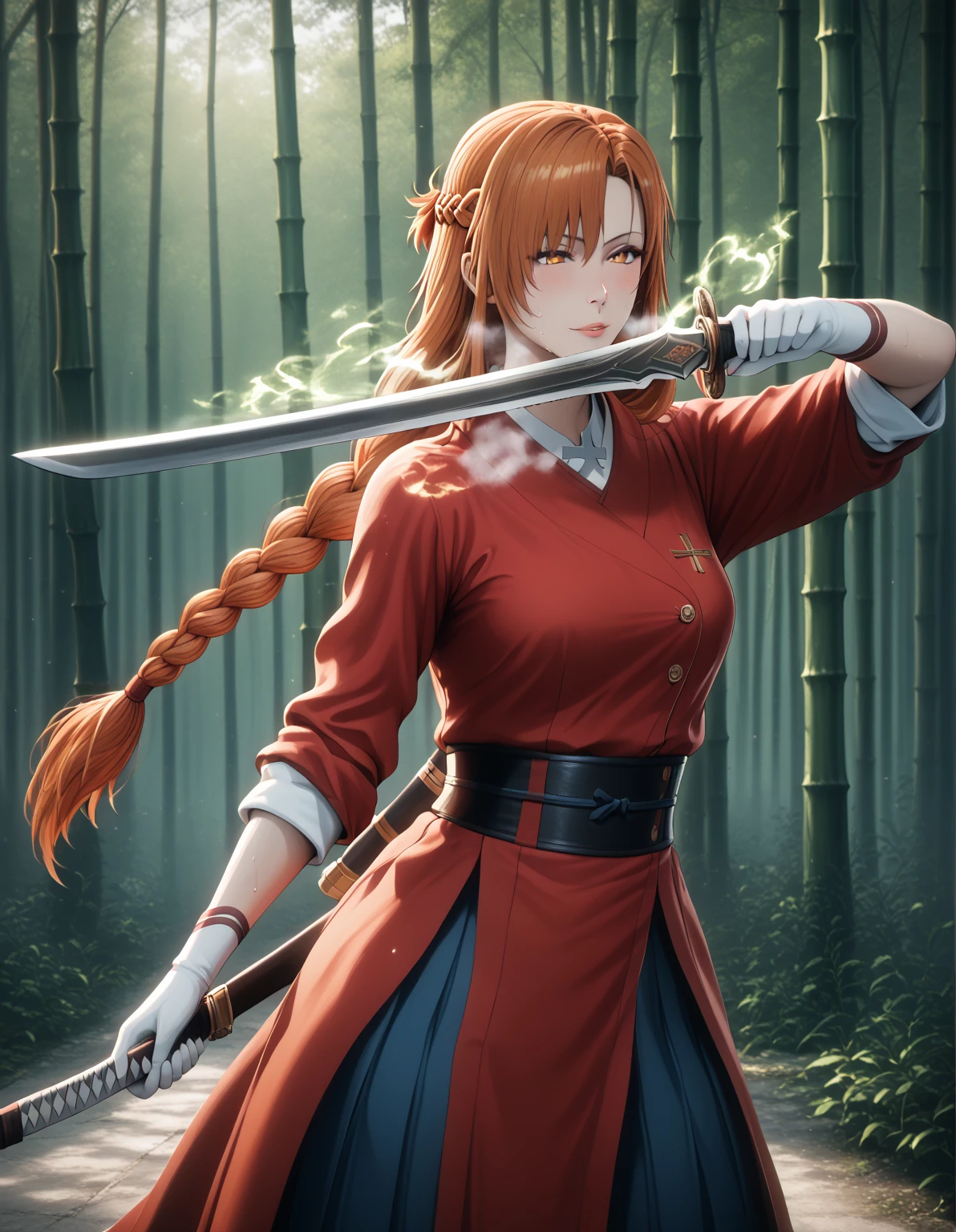 score_8_up, score_6_up, uncensored, asuna yuuki, orange hair, fold, braid, long hair, orange eyes, naughty face, shiny skin, sweating, BREAK detailed eyes, (perfect hands, perfect anatomy), (glow effects:1.3), godrays, Hand drawn, render, 8k, octane render, cinema 4d, blender, dark, atmospheric 4k ultra detailed, cinematic, Sharp focus, big depth of field, Masterpiece, colors, 3d octane render, 4k, concept art, trending on artstation, hyperrealistic, Vivid colors, extremely detailed CG unity 8k wallpaper, trending on CGSociety, Intricate, High Detail, dramatic, (gasping, heavy breathing:1.2), excessive sweating, sweating profusely, sweating drop BREAK, 1girl, sword, solo, forest, gloves, nature, holding, bamboo_forest, japanese_clothes, sheath, holding sword, (aura:1.2)
