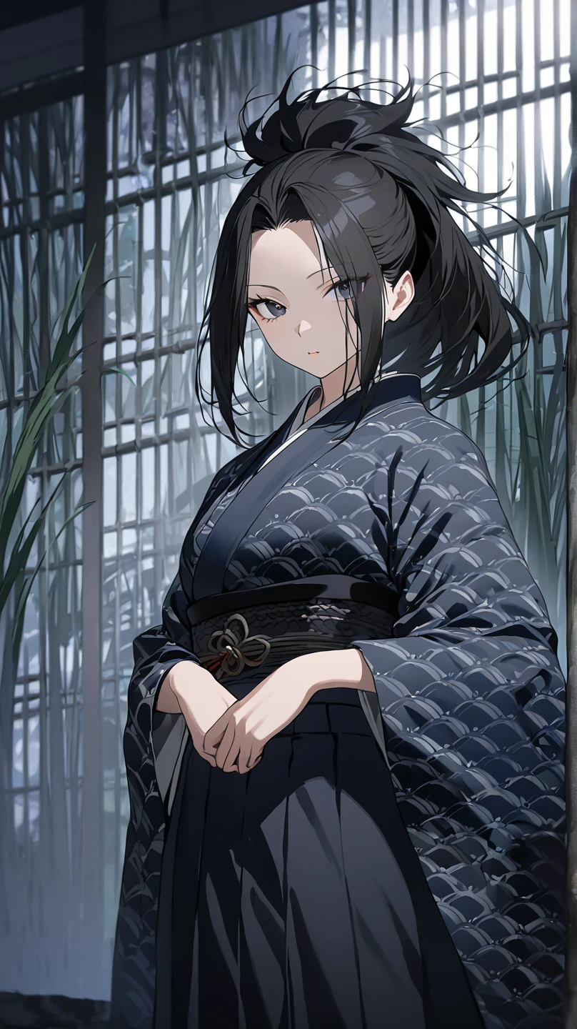  top quality, masterpiece,  high definition , 
Eight million,  1 girl ,  closeup ,  dark eyes,  black hair,   ponytail,  long hair,  's hair was pulled back by fajyobore , , Alone, looking at viewer,Bamboo forest background , in the middle of the night,Up to the thighs, dark eyes, Slender,Slightly toned body ,up to the knee
Open your mouth slightly , chest,A little glare, under the kimono
Open the cloud pattern kimono , Long Skirt,Samurai girl,腰にKatanaを身につけている,Katana(Draw in a larger size ),Hands behind your back,腰にKatanaを帯刀している
鎖骨,I'm not wearing anything under my kimono 