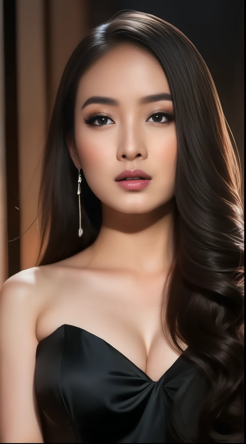 A beautiful young Indonesian actress with long black hair, face beautiful, big breasts, black dress, sexy body, sexy hips, night supermarkrt background, detailed facial features, elegant expression, photorealistic portrait, cinematic lighting, hyper realistic, digital art, high resolution, masterpiece