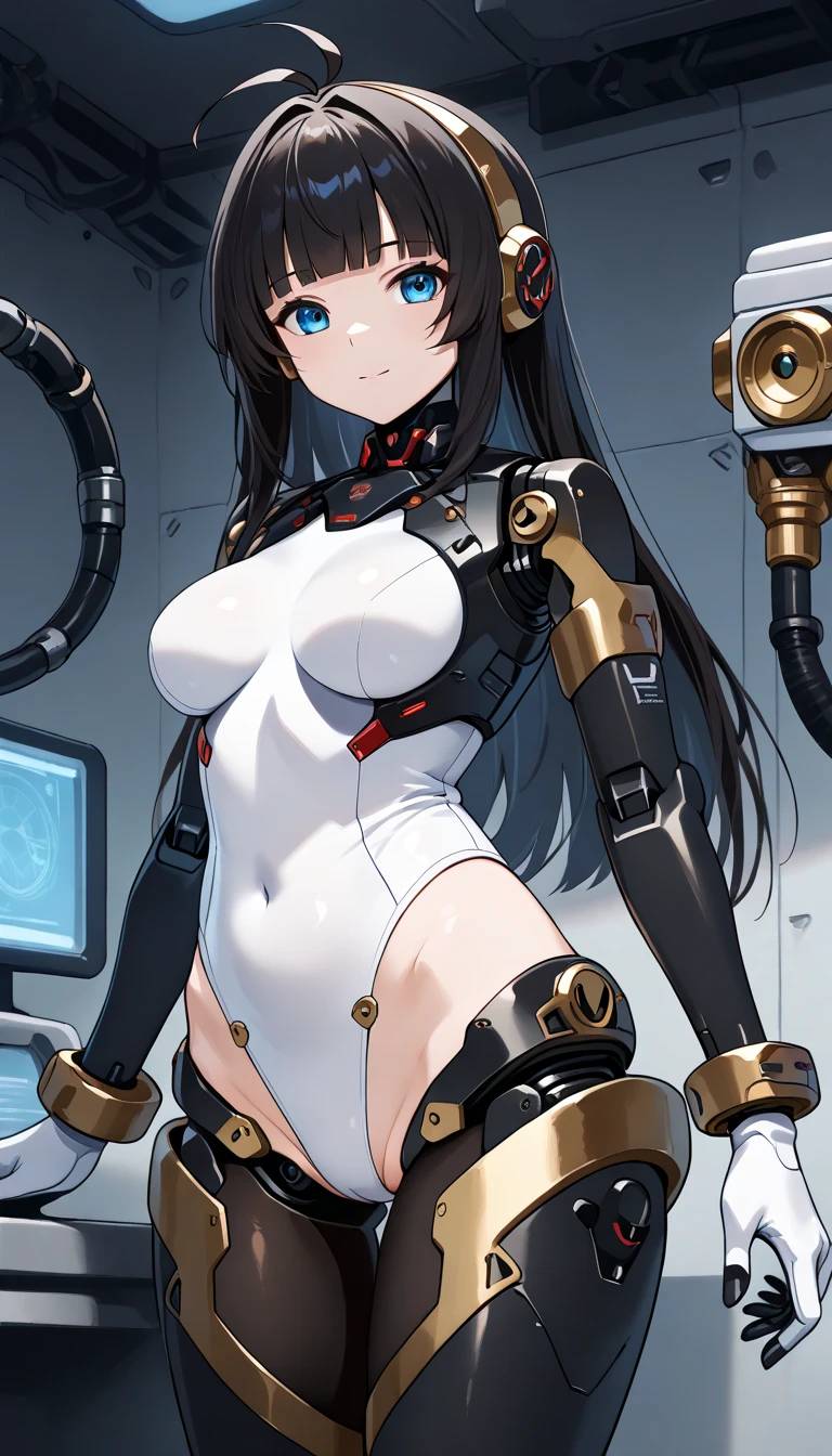 masterpiece, best quality, extremely detailed, (8K, 4K, Best Quality, hight resolution, 超A high resolution:1.1), ,8k portrait, Japaese android Girl,Plump , dark black leg cover,announcer,control panels,android,Droid,Mechanical Hand, Robot arms and legs, Black Robot Parts,Black long hair,Mechanical body,Blunt bangs,perfect mechanical abdomen,White robotics parts,perfect robot woman,future laboratory,cyber pank,charging spot,laboratory,long tube,thick cable connected her neck,white ceramic body ,perfect mechanical body, white robot body,lod antenna,mechanical ear cover,android,robot humanoid,black sponge joints,The removable cover is in the groin,The connection port is in the groin,opened chest panel,access panel on the chest,opened breast panel,perfect mechanical breast,perfect black machine body,perfect black android body,She has repaired,assembly plant,dark black tights,dark black leggings,smile,pussy,no human skin,visor