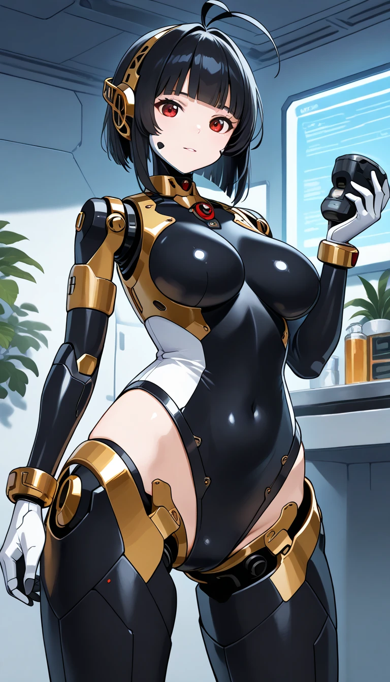 masterpiece, best quality, extremely detailed, (8K, 4K, Best Quality, hight resolution, 超A high resolution:1.1), ,8k portrait, Japaese android Girl,Plump , dark black leg cover,announcer,control panels,android,Droid,Mechanical Hand, Robot arms and legs, Black Robot Parts,Black long hair,Mechanical body,Blunt bangs,perfect mechanical abdomen,White robotics parts,perfect robot woman,future laboratory,cyber pank,charging spot,laboratory,long tube,thick cable connected her neck,white ceramic body ,perfect mechanical body, white robot body,lod antenna,mechanical ear cover,android,robot humanoid,black sponge joints,The removable cover is in the groin,The connection port is in the groin,opened chest panel,access panel on the chest,opened breast panel,perfect mechanical breast,perfect black machine body,perfect black android body,She has repaired,assembly plant,dark black tights,dark black leggings,smile,pussy,no human skin,visor