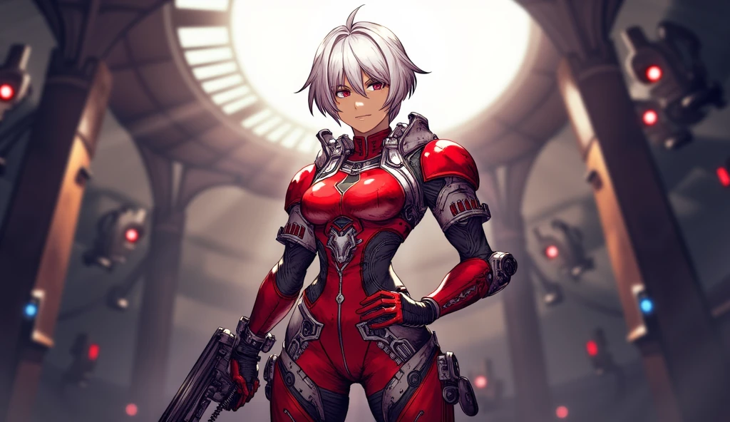 Young person (ethnicity:1.2), (age:1.1), with short white hair, dark brown skin (detailed skin texture:1.2), intense red eyes (facial features:1.3), and a serious expression (expression:1.2).  The subject wears a futuristic, segmented armor suit in shades of red, white, and gray (detailed clothing:1.2).  Armor appears detailed (detailed clothing:1.2), featuring various panels and textures.  (accessories:1.1), the person displays a strong, athletic body type (body type:1.1) in a confident, forward-facing pose (pose:1.2) centered in the image. The subject is positioned facing the viewer directly. The art style is stylized anime, with smooth lines (photorealistic style:1.2, anime style:1.2).  Soft lighting (cool color palette:1.1, warm color palette:1.1), subtly highlights the character's features. Ambient background with muted tones and geometric structures, resembling a futuristic interior or environment. Composition is clear and focused on the figure. The image possesses a serious, determined tone (atmosphere:1.1).


I also want you to make it into the following poses From the front, three quarters, from the back, from the side, plus there is a section where you can see the character's face with different expressions such as Happy, sad, angry, serious, bright eyes, crazy