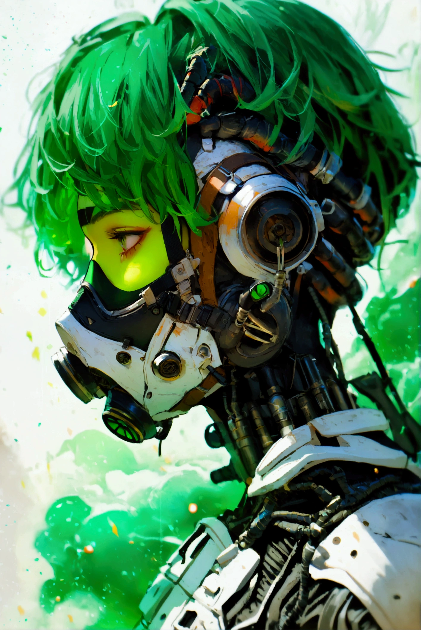 1 man, Mechanical Arm , future, Ultramodern Mechanical Arm, Green hair,  Gas Mask, Green smoke , Stand with your back turned, full body