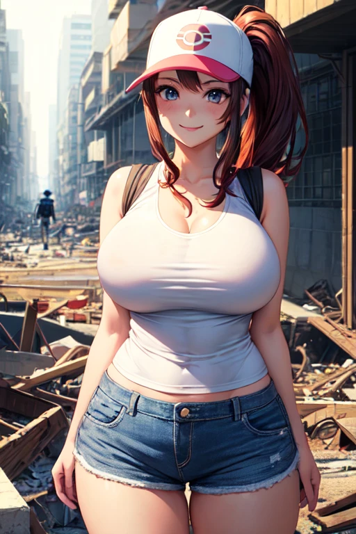  1 girl , (Alone:1.2), Curvy, (masterpiece:1.2), ( top quality:1.2), ( Perfect Anatomy:1.4), ( standing with different breasts :1.4), (confident:1.2), smile, ( Big Breasts :1.4), (cowboy shot:1.2),, def1, Hilda \( Pokémon\),  denim shorts,  sleeveless shirt for right arm ,  white shirt, Black vest,  baseball cap from Taiwan, Brown Hair,  ponytail,  side lock,  blue eyes, medium breasts,  young woman,, (Post Fight Scenery :1.3), rubble, outside, daylight,  jtveemo, Curvy,  colorful ,  anime style , ( bright colors :1.2) Condon 
