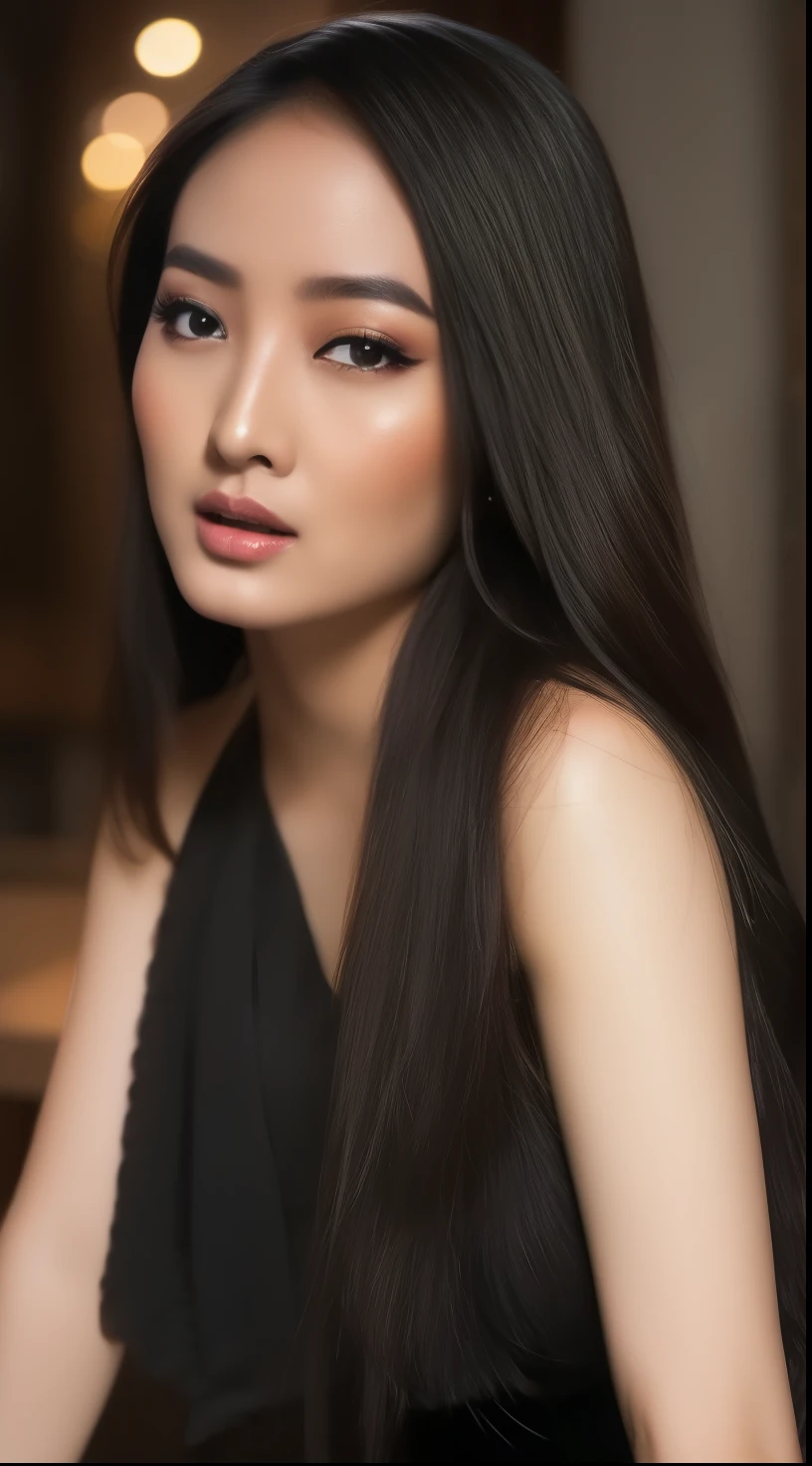 A beautiful young Indonesian actress with long black hair, face beautiful, big breasts, black dress, sexy body, sexy hips, sexy leg, night supermarkrt background, detailed facial features, elegant expression, photorealistic portrait, cinematic lighting, hyper realistic, digital art, high resolution, masterpiece