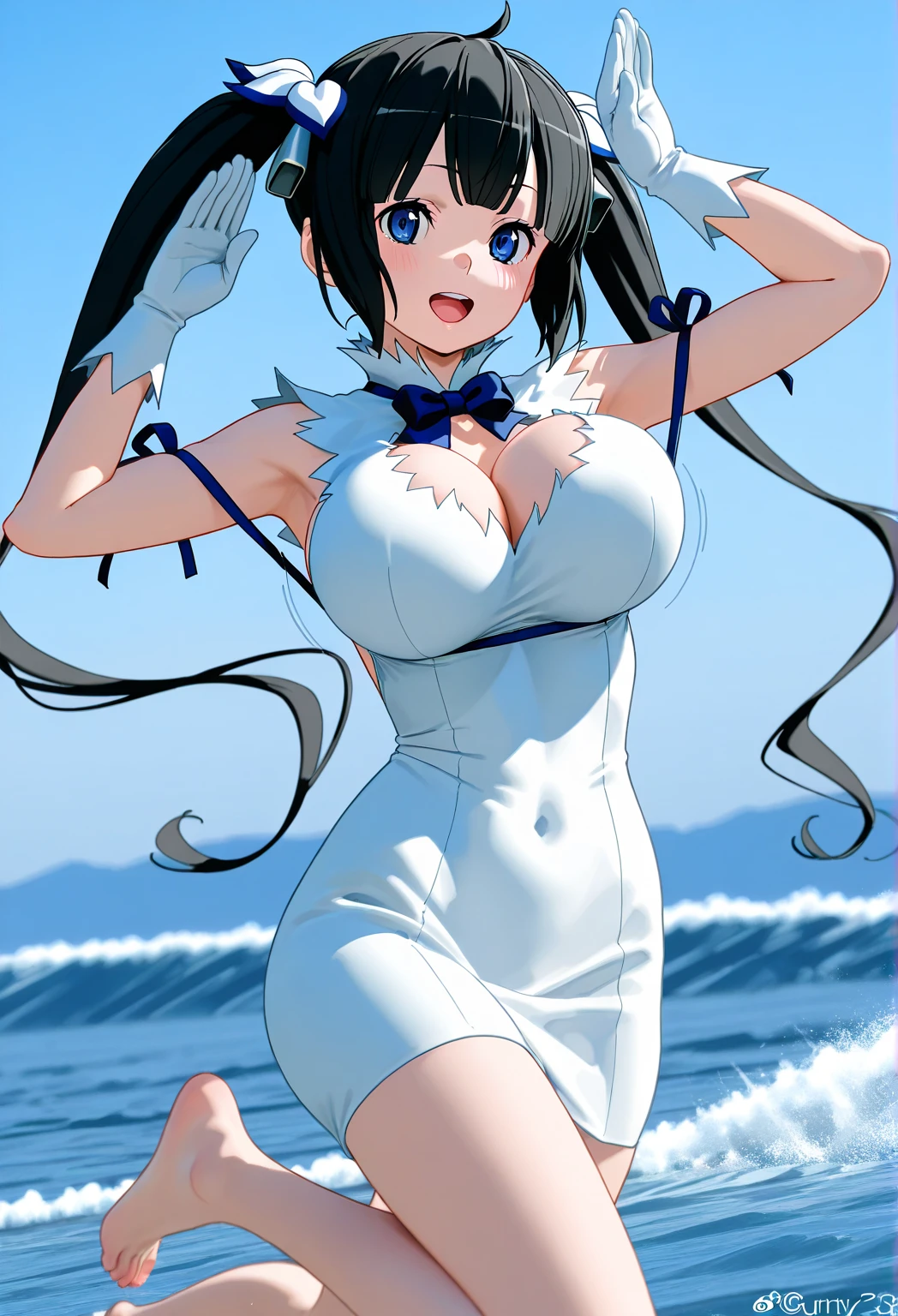 ultra realistic photo, raw photo, Realism, 3D rendering, Unity Engine, holographic,1girl,hestia、hestia(Danmachi ) blue eyes、 black hair、 Twin Tails 、 Big Breasts 、barefoot、青いbow、青い bow tie、bow、 bow tie、 cleavage、Clothes cutouts、 dress、gloves、ペンシル dress、Lei&#39;s String、ショート dress、 white dress、白いgloves、large breasts:0.8、 cute pose、 sexy pose、 BREAK COWBOY SHOT、(running at full speed、Bouncing Breasts)、( waves)