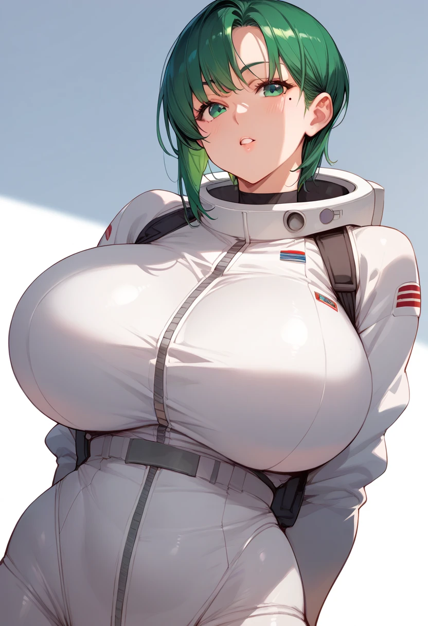 momokino , large breasts, short hair, green hair, mole, buruma,  huge breasts、spacesuit,