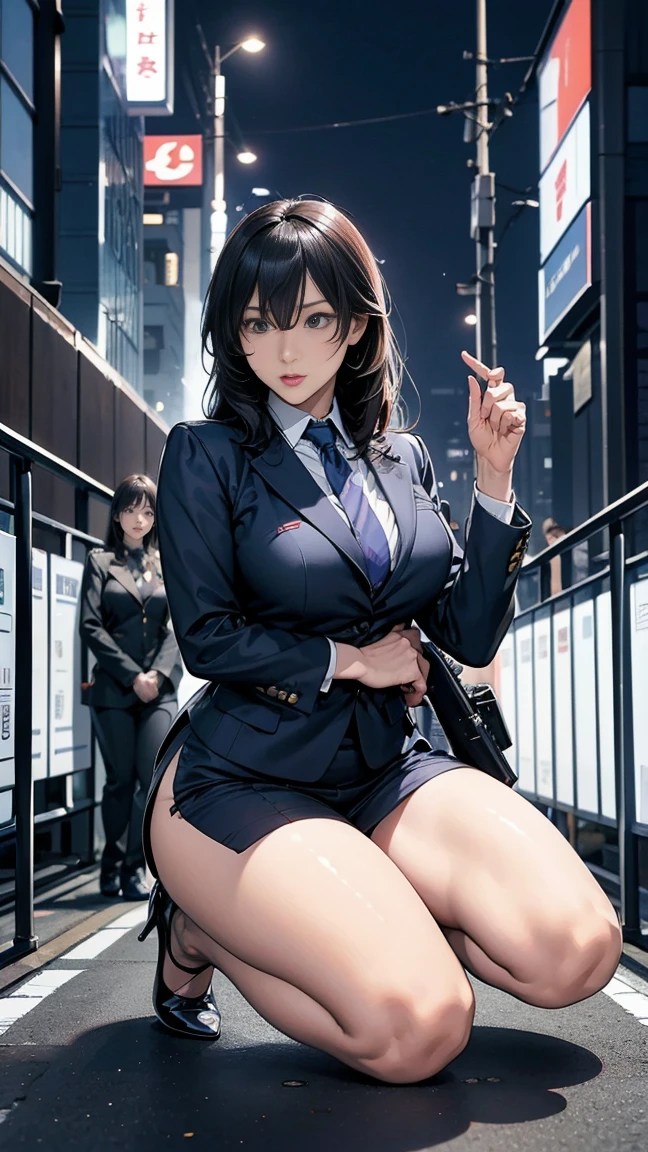 A woman in a suit with short black hair、a miniskirt、high-heels、black attache case、Beautiful fingertips、beauty legs、red blush、Ecstatic look、Camel hoof、Black stockings、pussy juice,pussy,Black lace panties、Sheer panties、On the train、low angles