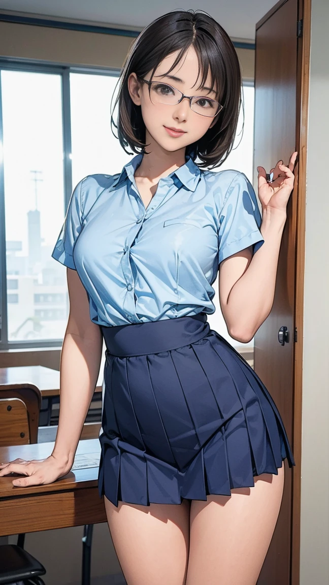 highest quality, ultra high resolution, (realistic:1.4), 1 female, young,sensual, Brown_eye, Short hair, (Brownの髪:1), (huge breasts:1), school uniform, open clothes, girls room, seductive smile, looking at the viewer, stick out one's butt, back focus