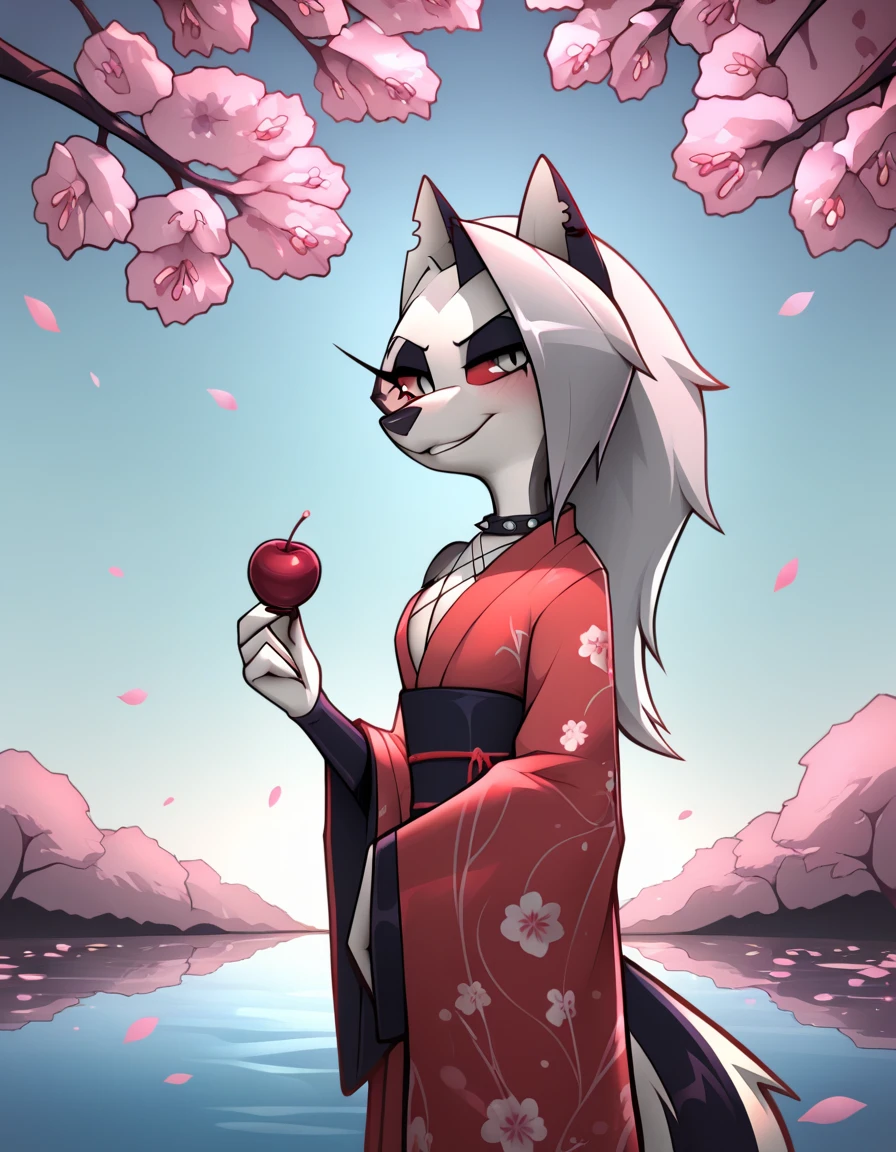 Loona (Helluva Boss), the striking hellhound with red sclera and elegant gray and white fur, standing confidently near a serene lake surrounded by a dense forest of cherry blossoms. She wears a fluid ensemble inspired by a pastel-colored kimono, tailored to her figure, with delicate floral motifs and subtle gold embroidery. The design features a high slit on one side and soft, sheer fabric that sways in the breeze, accentuating its elegant stance.

Loona has a calm but provocative expression, with a slight confident smile as the pink sakura petals fall gently around her. The soft, dappled light on his fur and his attire. The lake behind it reflects the stunning pink hues of the sakura trees and the clear blue sky, creating a calm, dreamlike atmosphere. Masterpiece, highly detailed cinematic lighting, vibrant colors, smooth textures, character-focused composition.