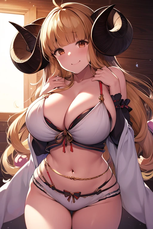 Granblue Fantasy Anila,  ram horns, Fluffy Sheep, Alone,  standing with different breasts ,  beautiful body, Beautiful face, perfect hand,