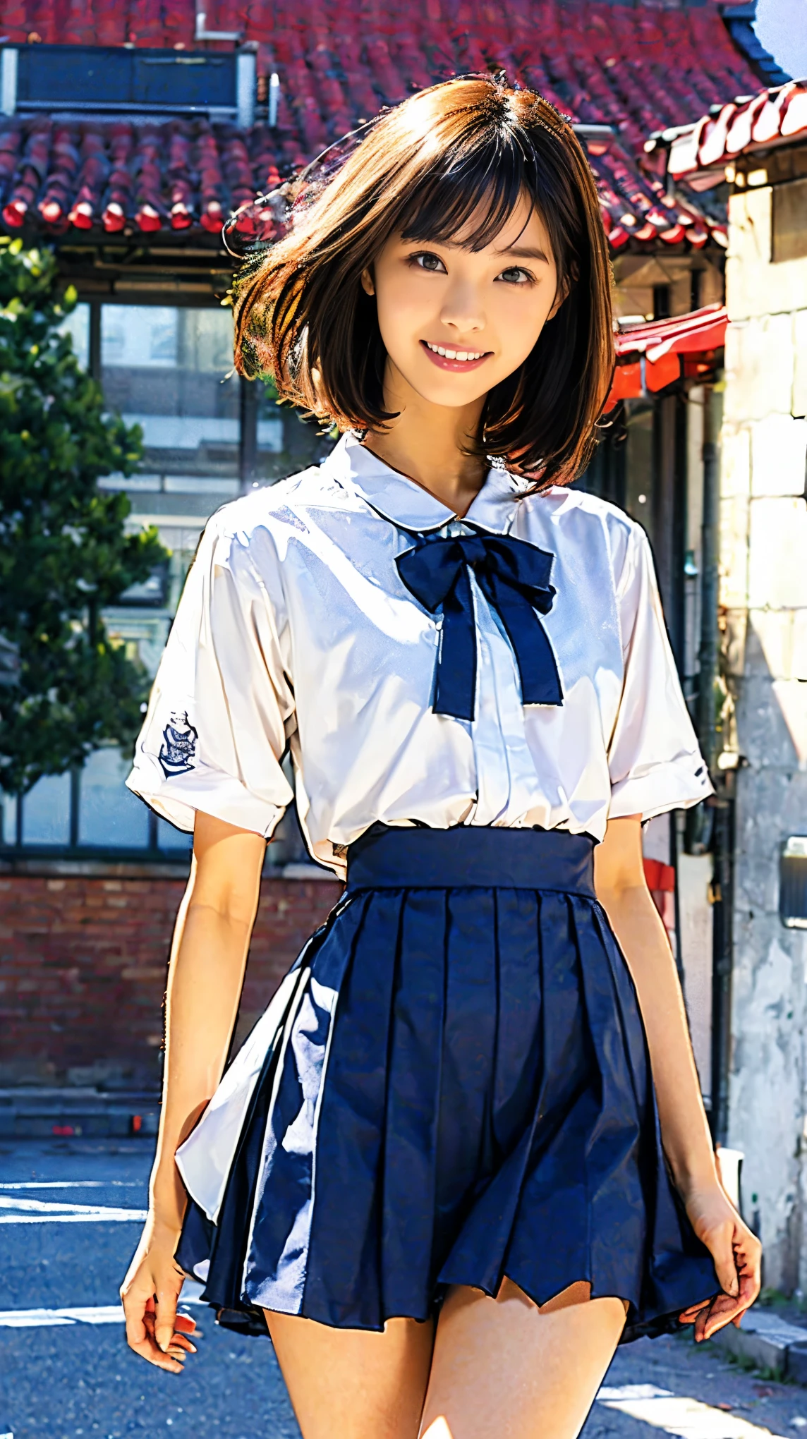 (一人の少女はcityを歩いている), (masterpiece, top quality, high definition , 超 high definition , Pixel Perfect , written border depth , 8k, RTTX10.0), ( Cute high student :1.3), movie lighting, best shadow, Best natural light, cinematic , (( smooth texture:0.75, realistic texture:0.5)), Beautiful Art Style, (( detailed face :1.2)), ( bob cut), slender body, beautiful thighs, (A skirt with its hem flipped up by a strong wind:1.3), ( panties:1.3), ((Smiling expression, looks embarrassing )), (都city建設エリア, city, Many people々々:1.3), pull the skirt, Manga Design, angle from the front