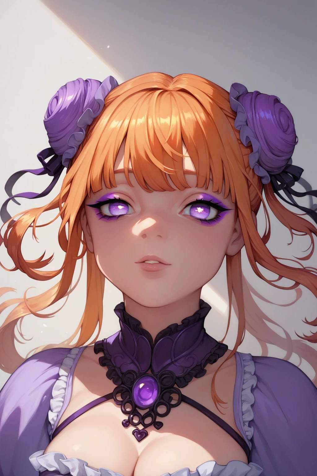 score_9, score_8_up, score_7_up, high resolution, 1girl, looking at viewer, beautiful face, detailed pupils, orange hair, triple bun, fringed bangs, light purple eyes, breasts, purple makeup, purple outfit 