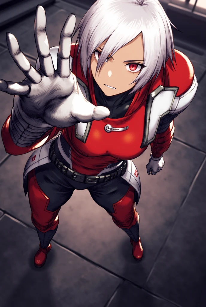 Young person (ethnicity:1.2), (age:1.1), with short white hair, dark brown skin (detailed skin texture:1.2), intense red eyes (facial features:1.3), and a serious expression (expression:1.2).  The subject wears a futuristic, segmented armor suit in shades of red, white, and gray (detailed clothing:1.2).  Armor appears detailed (detailed clothing:1.2), featuring various panels and textures.  (accessories:1.1), the person displays a strong, athletic body type (body type:1.1) in a confident, forward-facing pose (pose:1.2) centered in the image. The subject is positioned facing the viewer directly. The art style is stylized anime, with smooth lines (photorealistic style:1.2, anime style:1.2).  Soft lighting (cool color palette:1.1, warm color palette:1.1), subtly highlights the character's features. Ambient background with muted tones and geometric structures, resembling a futuristic interior or environment. Composition is clear and focused on the figure. The image possesses a serious, determined tone (atmosphere:1.1).
