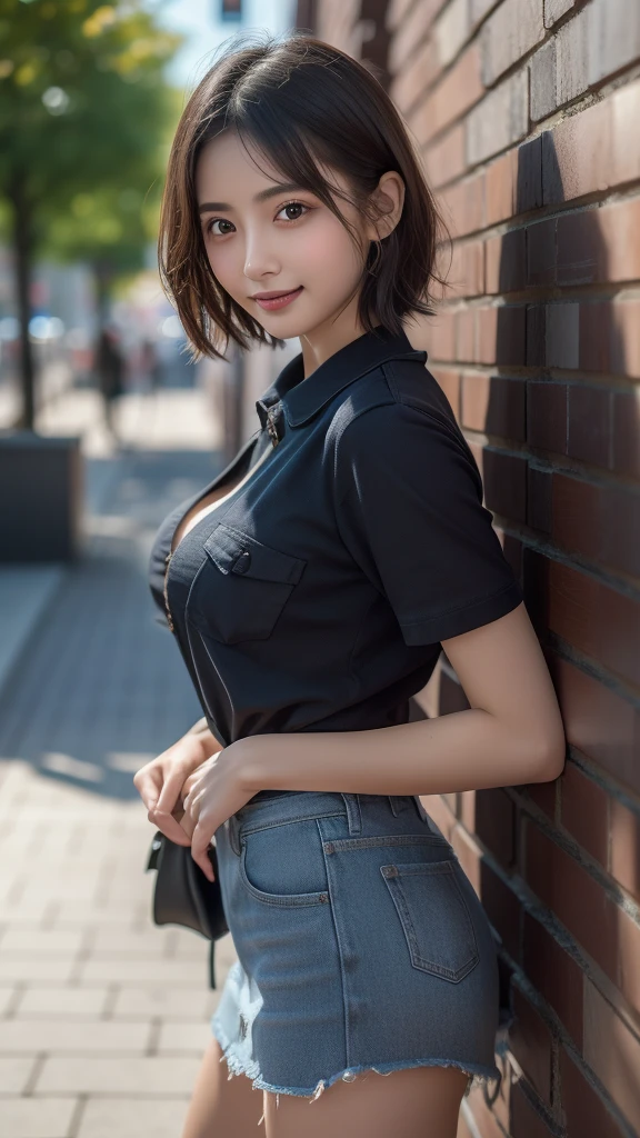 Android 18, Android 18, Blonde, blue eyes, eyelash, hoop Earrings, short hair, Earrings, break belt, Black legwear, black shirt, breast pocket, Cleavage, clavicle, denim, denim skirt, high-waist skirt, jewelry, Long sleeve, pocket, shirt, shirt tucked in, skirt, Striped, Striped sleeves, Waistcoat,, break outdoors, city, null, cloud, sun, break looking at viewer, (Cowboy Shot:1.5), break (masterpiece:1.2), Highest quality, High resolution, unity 8k wallpaper, (shape:0.8), (Beautiful and beautiful eyes:1.6), Highly detailed face, Perfect lighting, Highly detailed CG, (Perfect hands, Perfect Anatomy)