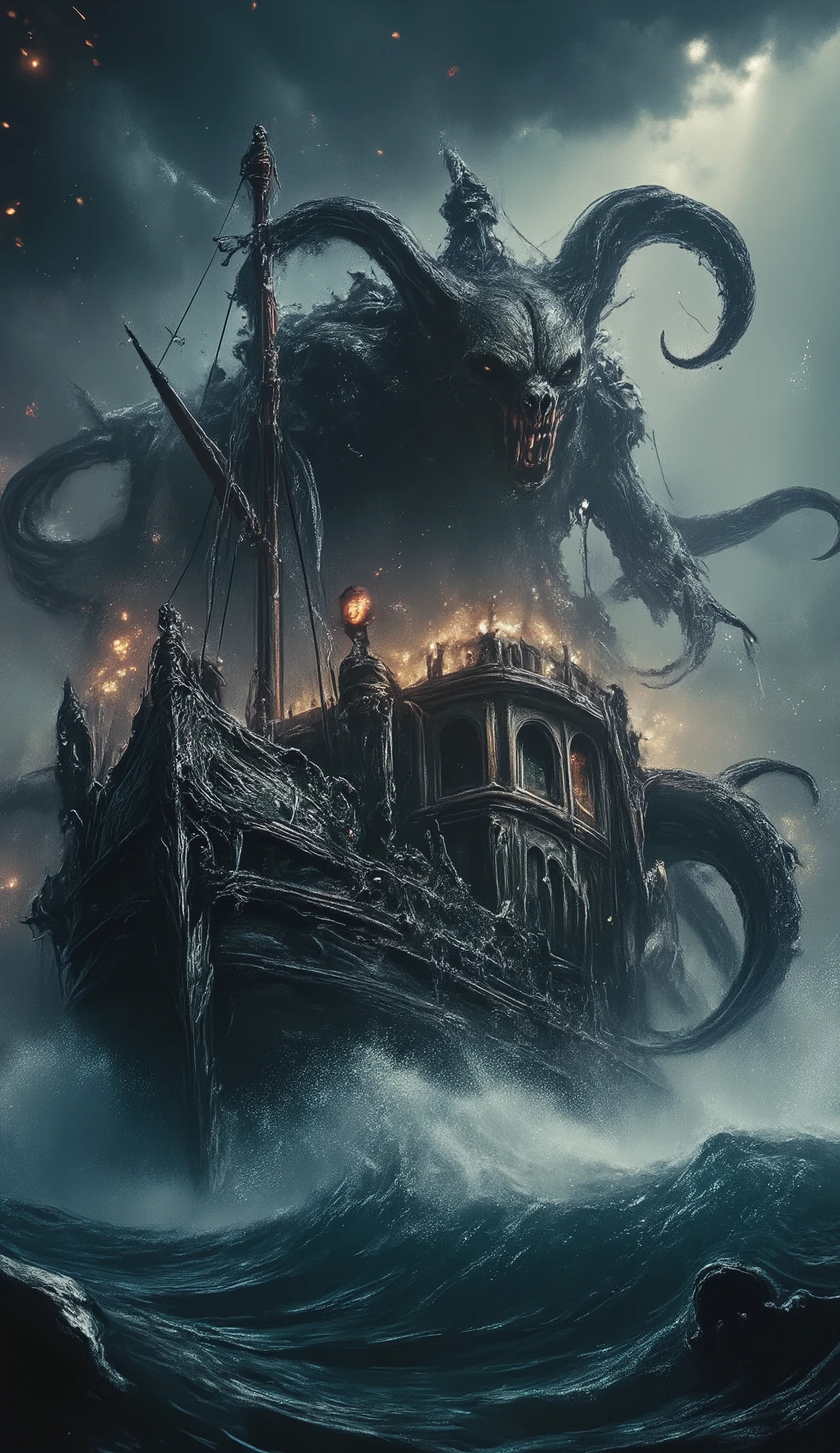 un primer plano de un barco y un Kraken sacando sus tentáculos intentando atrapar el barco,  dark image haze , stormy waves ,   tentacles in the water ,  concept art by Adam Marczyński ,   award plate for the best multi-American anthropologist,  winner of the Artstation competition  ,  fantasy art, The Kraken, Kraken,  tentacles rising from the sea ,  tentacles around ,  Lots of tentacles ,  Gothic ship in the ocean ,  a naval battle ,  mix of tentacled creatures , Cthulhu photo