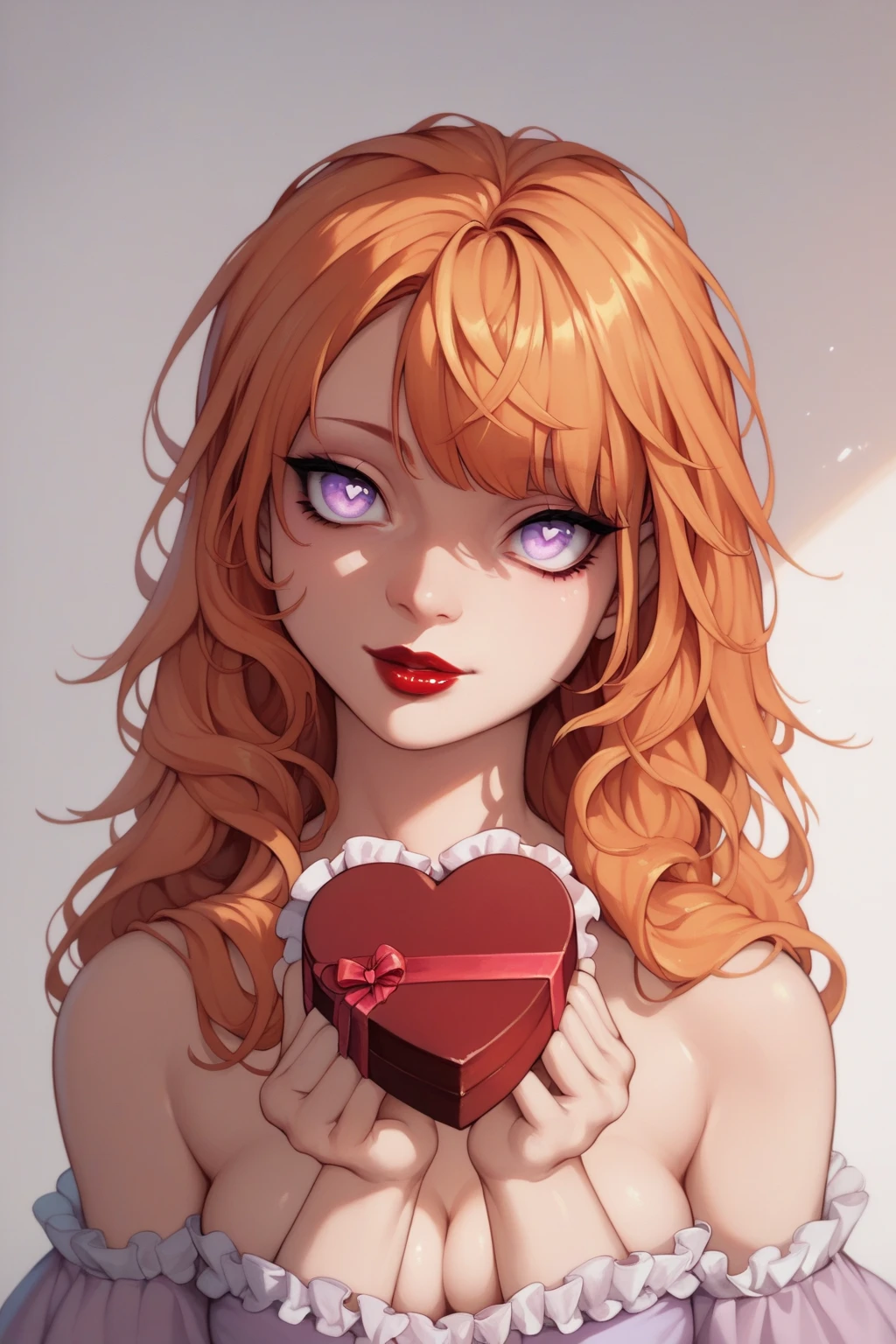 score_9, score_8_up, score_7_up, high resolution, 1girl, looking at viewer, beautiful face, detailed pupils, orange hair, long hair, fringed bangs, light purple eyes, breasts, valentine, red lipstick, chocolate 