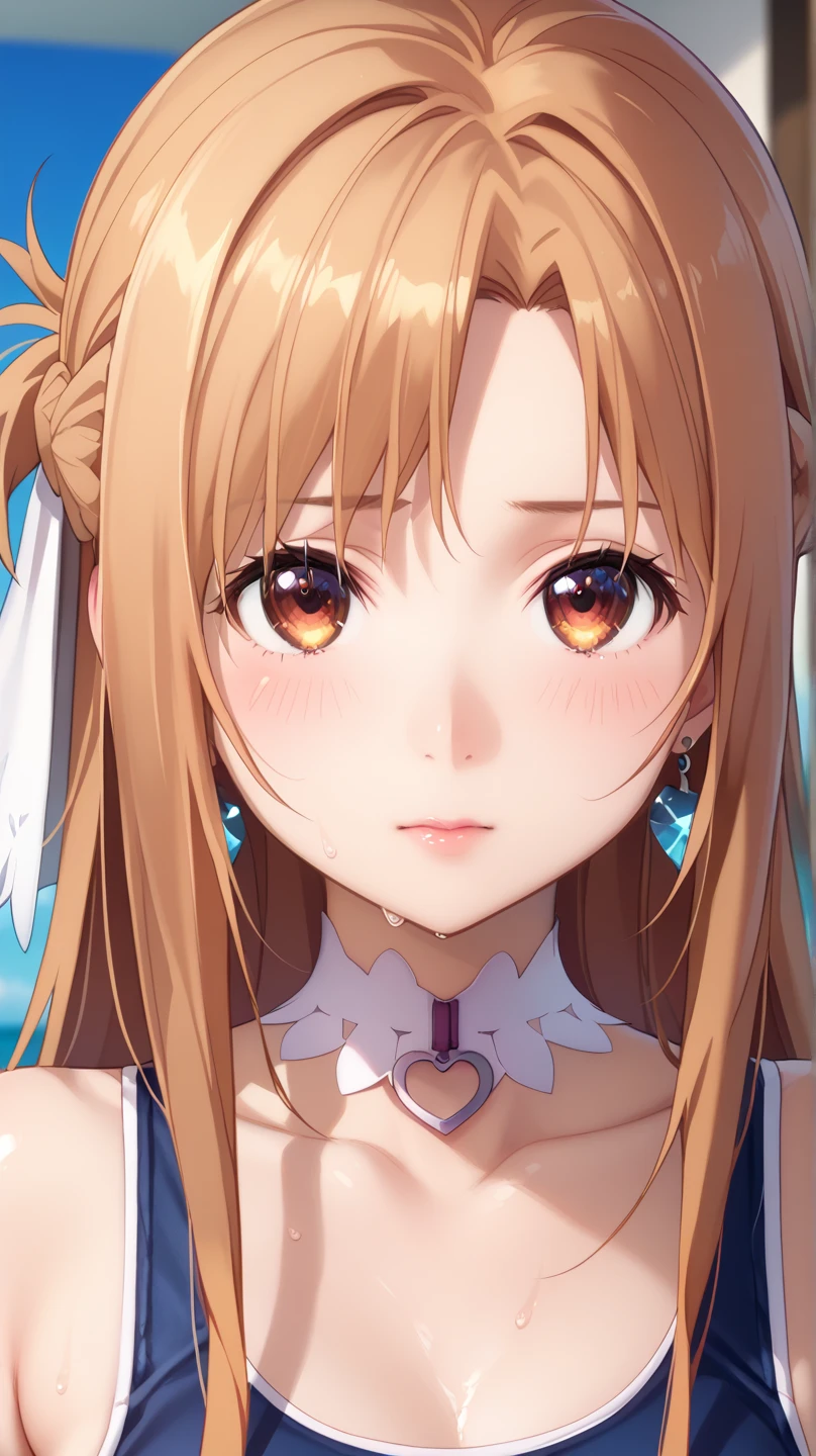 ( yuuki asuna :1.2)、 1 woman 、Shiny Hair、Glamorous eyes、 inviting 、Old school swimsuit、Navy Blue、Wet、( high definition 、 highest image quality taken by Ki、 top quality、 detailed)、 Crystal Earrings、 heart choker、Embarrassed、( Blur Background :1.2)、whole body、front